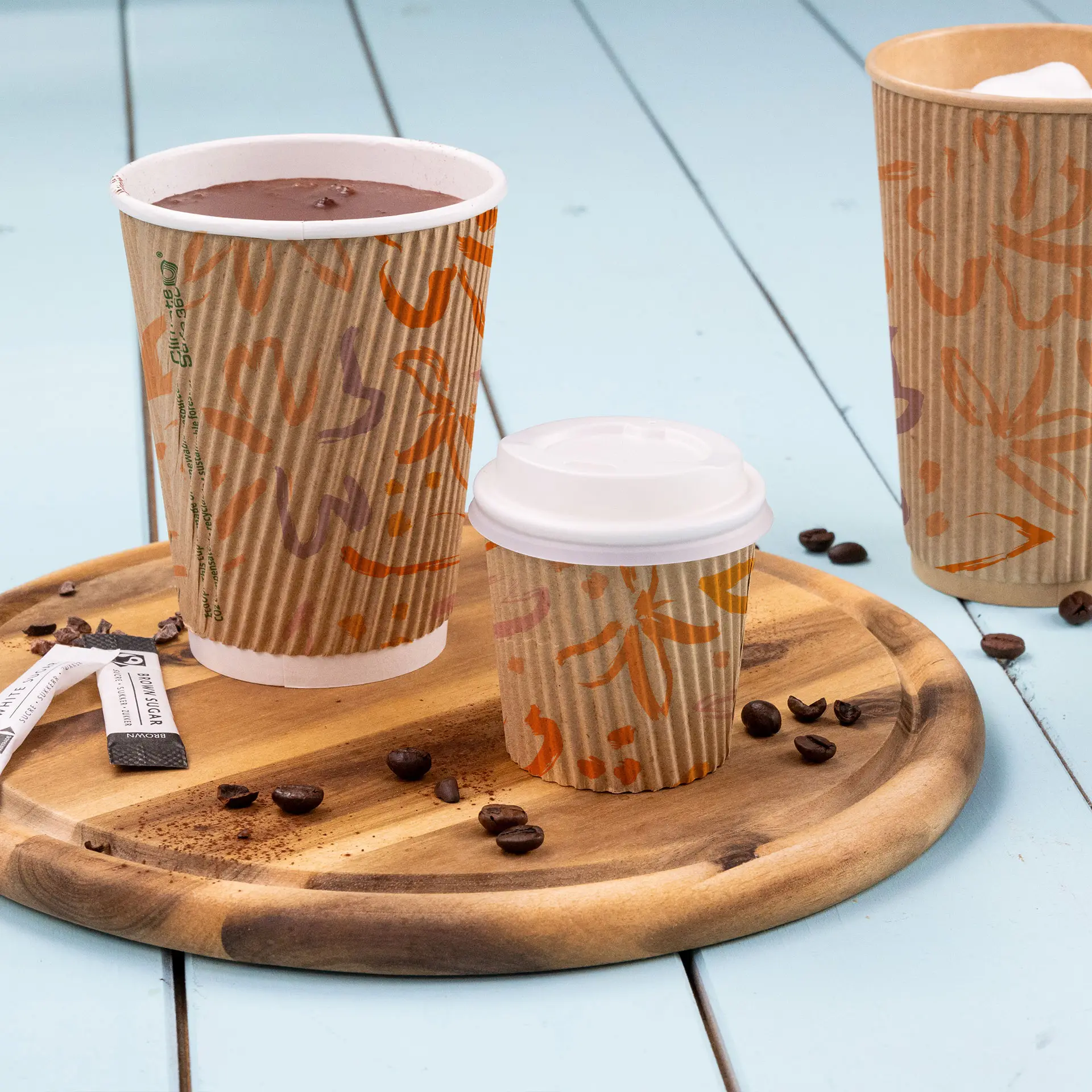 Ribbelbeker bedrukken, 100 ml / 4 oz, bruin / wit, PLA-gecoat