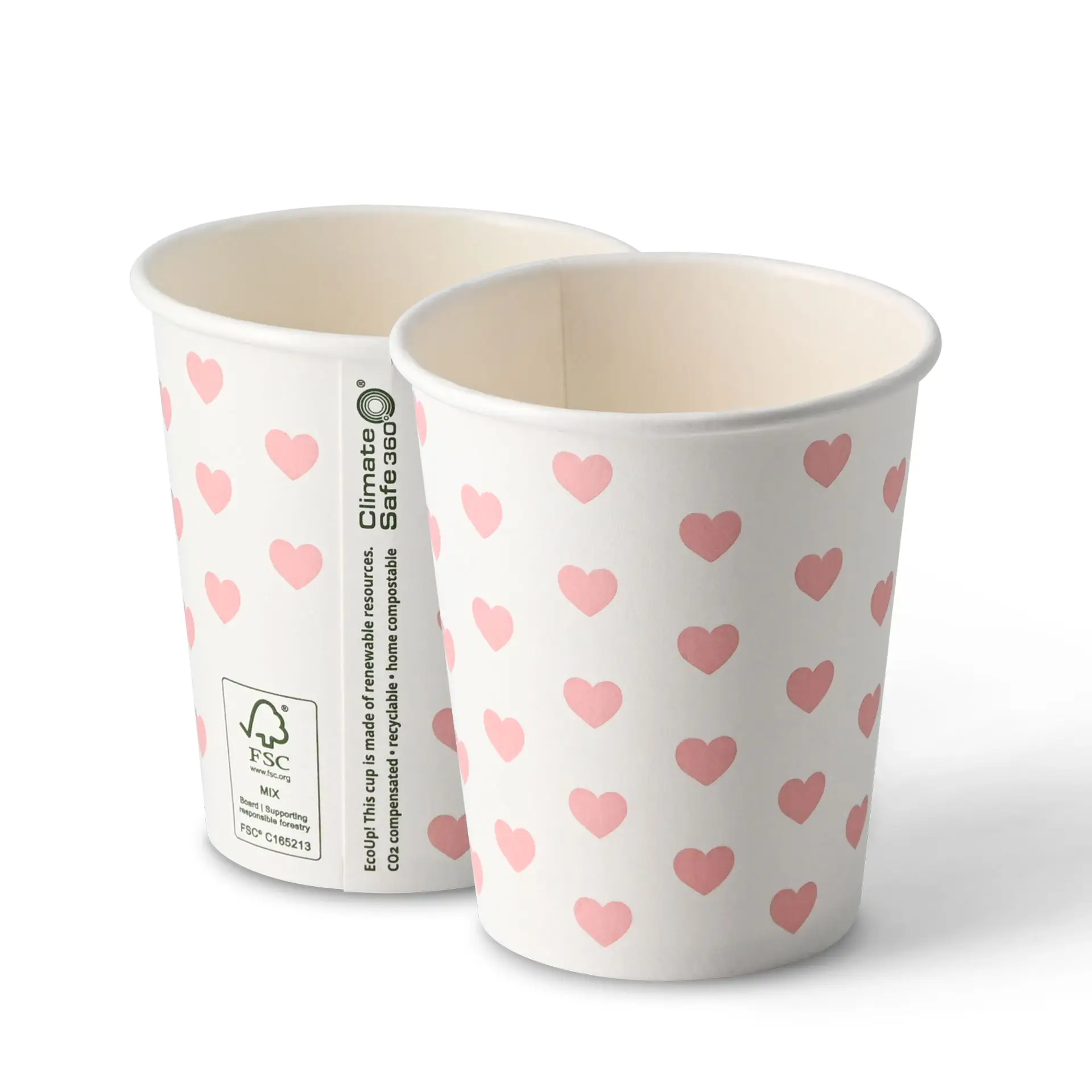 Papieren beker bedrukt "Hearts" 200 ml / 8 oz, Ø 80 mm, wit