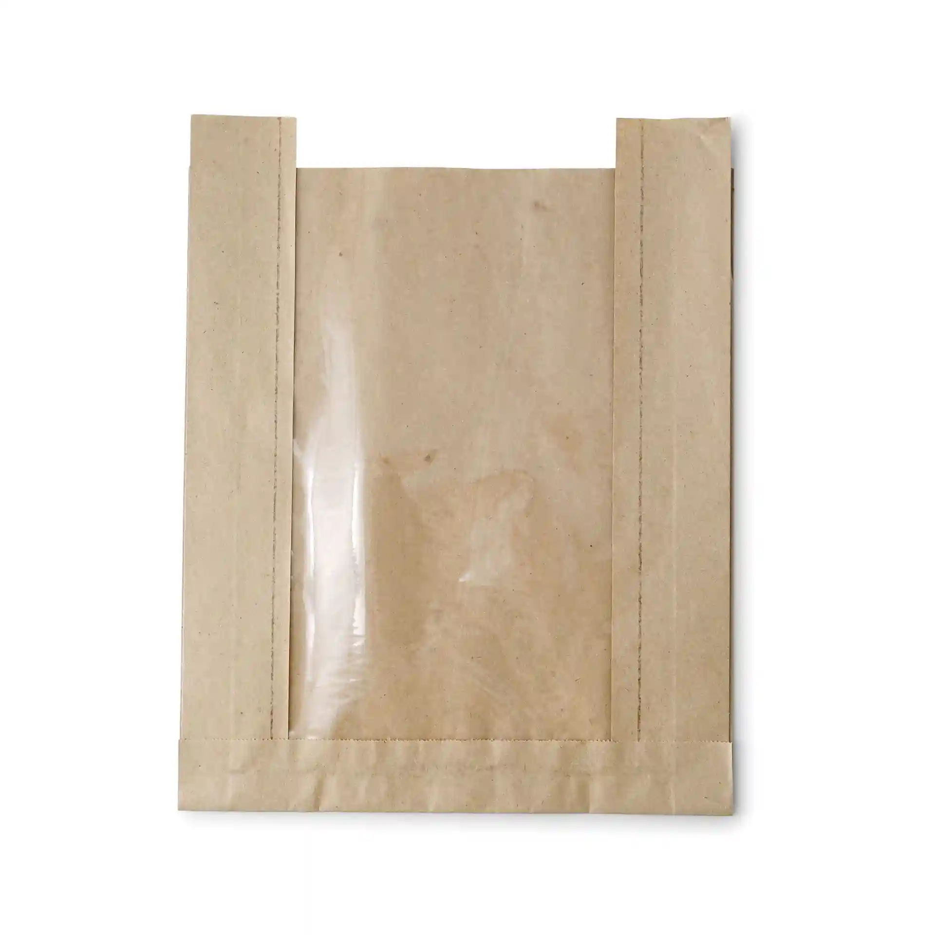Bruine platte papieren tas met een transparant venster, 20 x 5 x 25 cm groot.