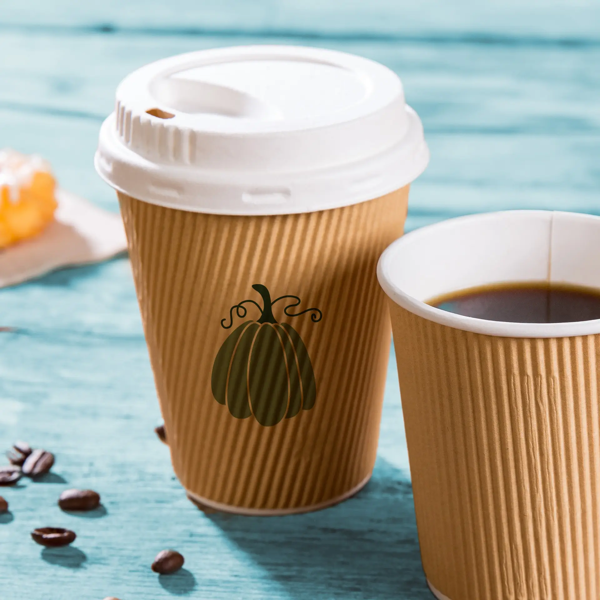 Ribbelbeker bedrukken, 250 ml / 10 oz, bruin / wit, PE-gecoat