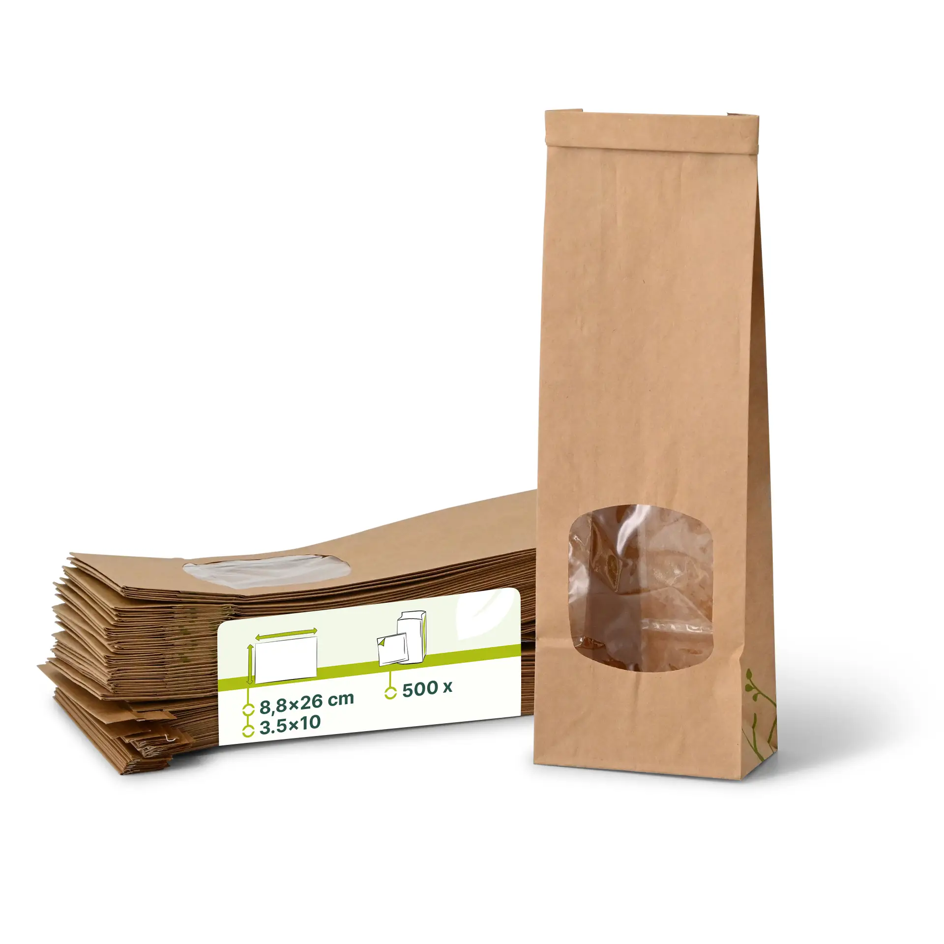 Blokbodemzakken met venster S, 8,8 x 4,7 x 26 cm, bruin, clipband Blokbodemzakken met venster S, 8,8 x 4,7 x 26 cm, bruin, clipband