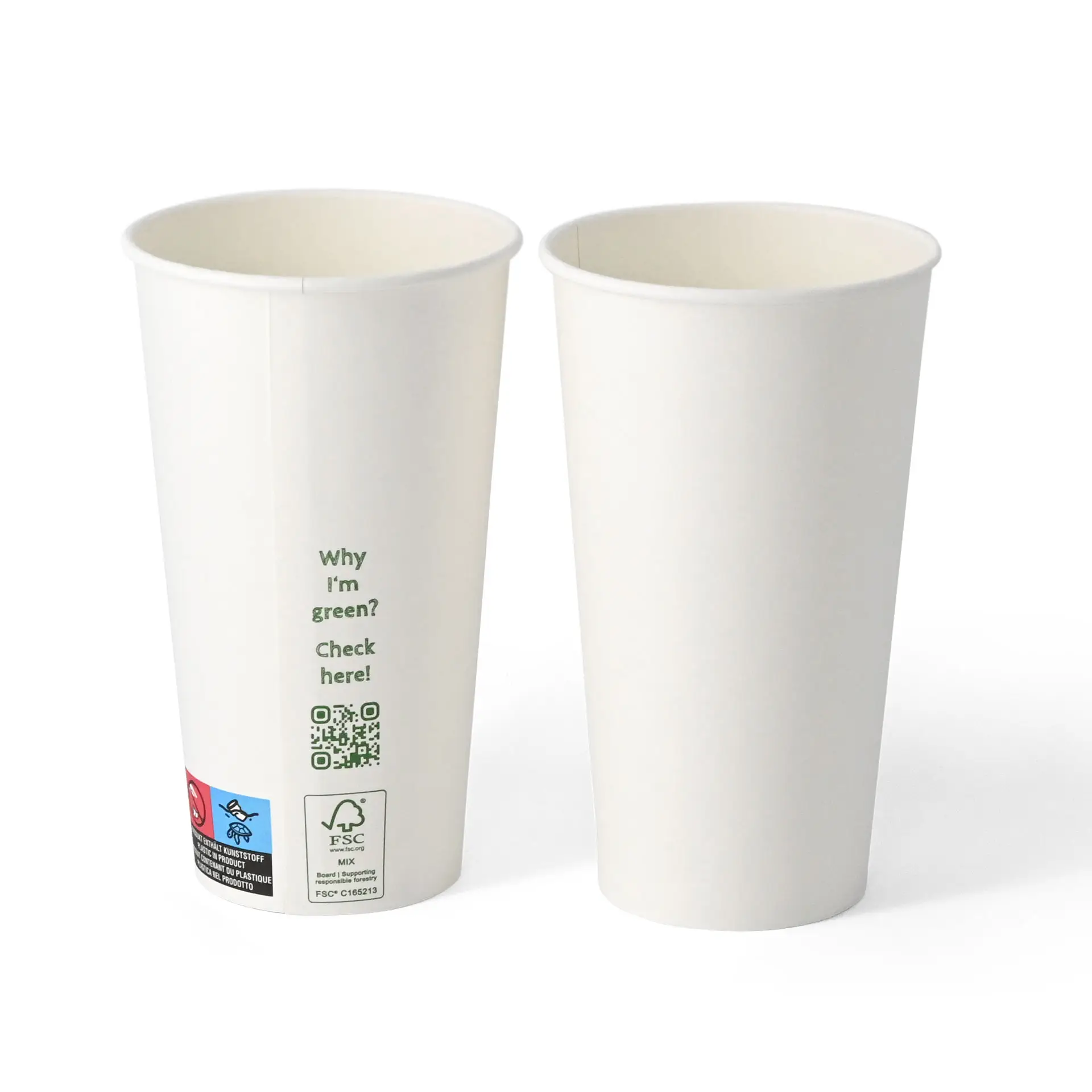Eénwandige witte papieren beker, 500 ml, PLA-gecoat, met ecologische informatie en QR-code op de zijkant.