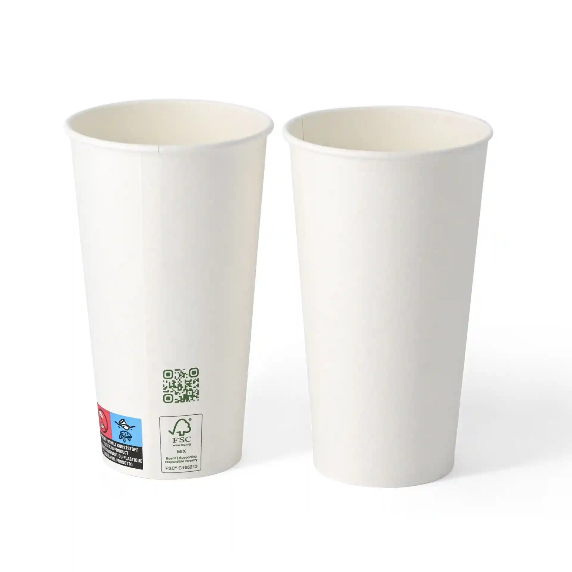 Twee witte papieren bekers met enkele wand, 500 ml capaciteit en een diameter van 90 mm, met labels aan de zijkant.