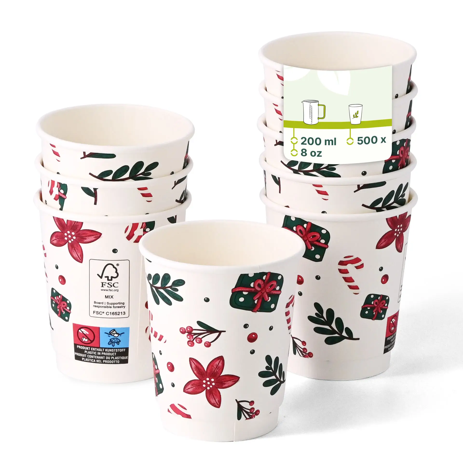 Dubbelwandige koffiekop met winterontwerp, 200 ml, wit, met bloemen- en cadeaupatronen.