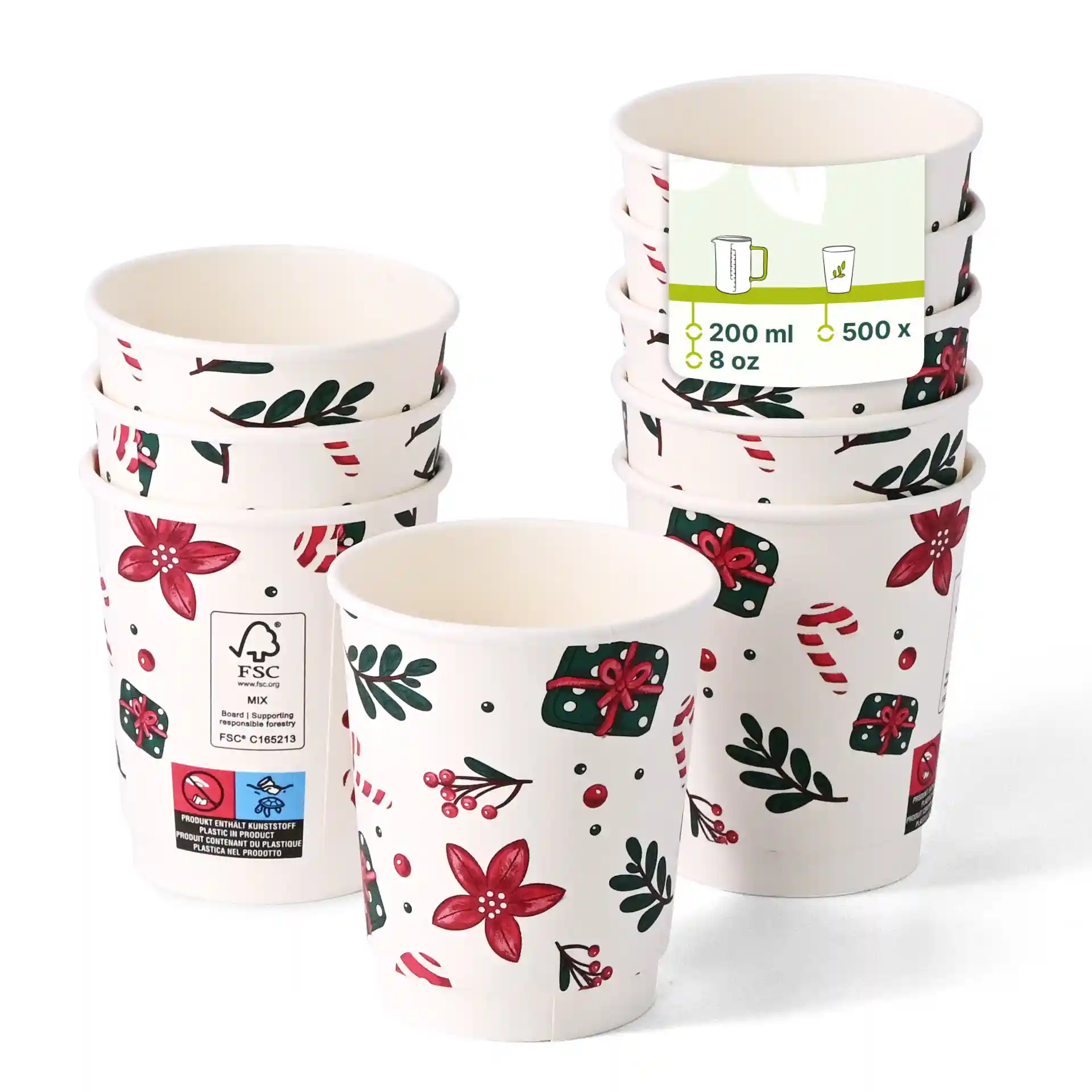 Dubbelwandige koffiekop met winterontwerp, 200 ml, wit, met bloemen- en cadeaupatronen.