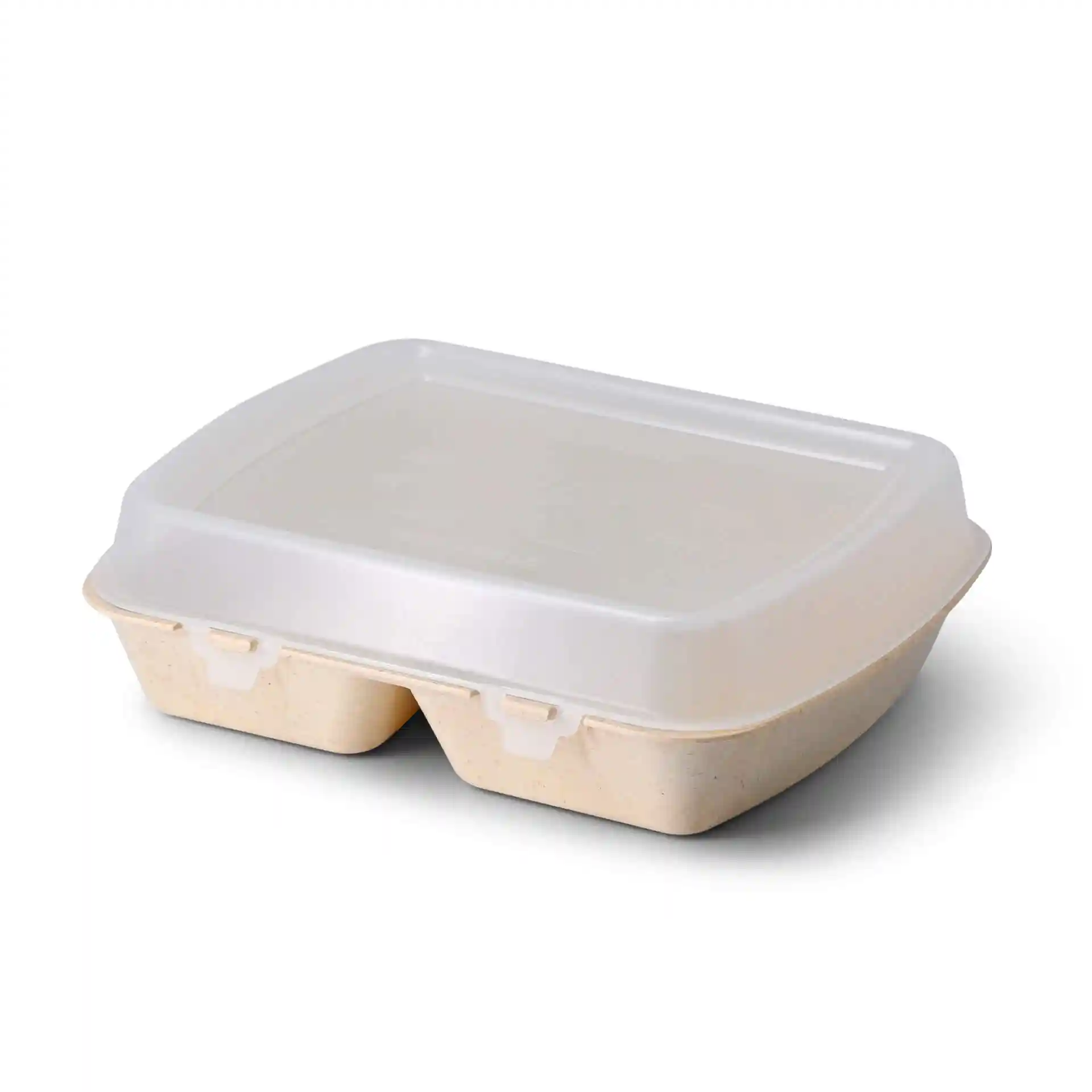 Herbruikbare maaltijdcontainer met een crème-witte biocomposiet behuizing en een doorzichtig deksel, met twee compartimenten.