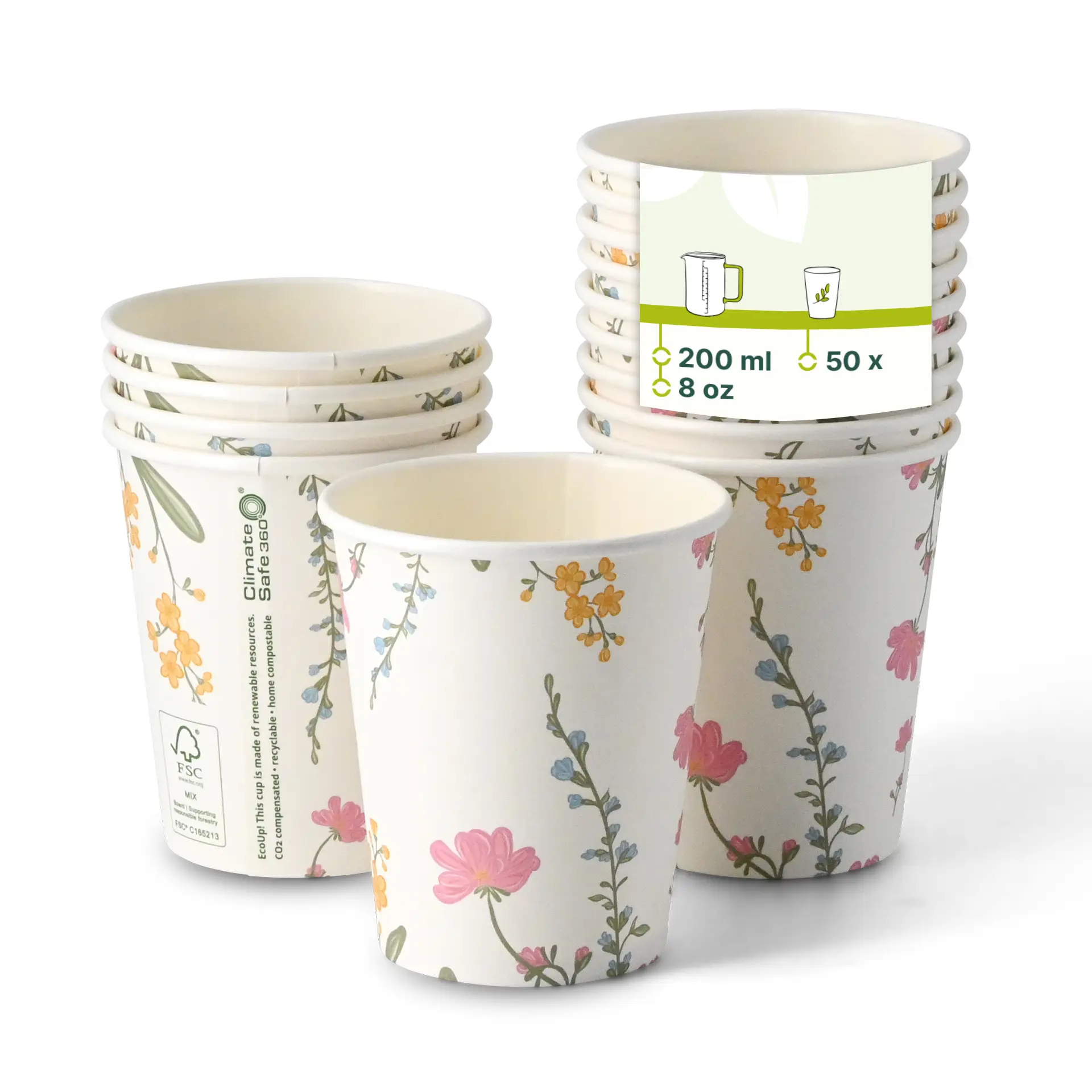 Bedrukte kartonnen beker "Lente" 200 ml / 8 oz, Ø 80 mm, wit