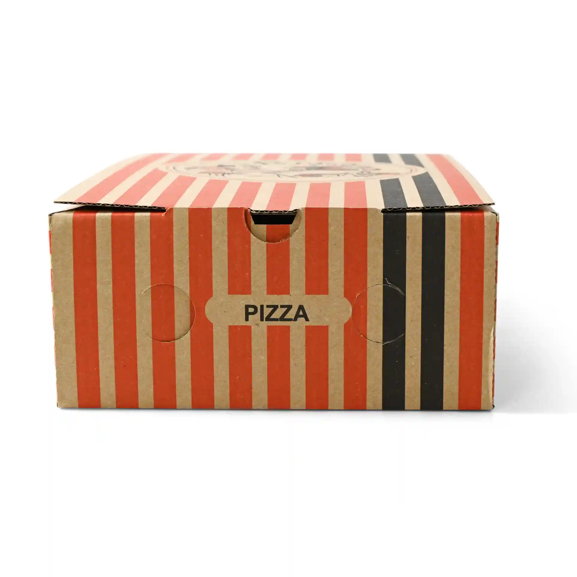 Bruine pizzadoos met rode en zwarte strepen, met een cirkelvormig pizzakokontwerp en een label "PIZZA".