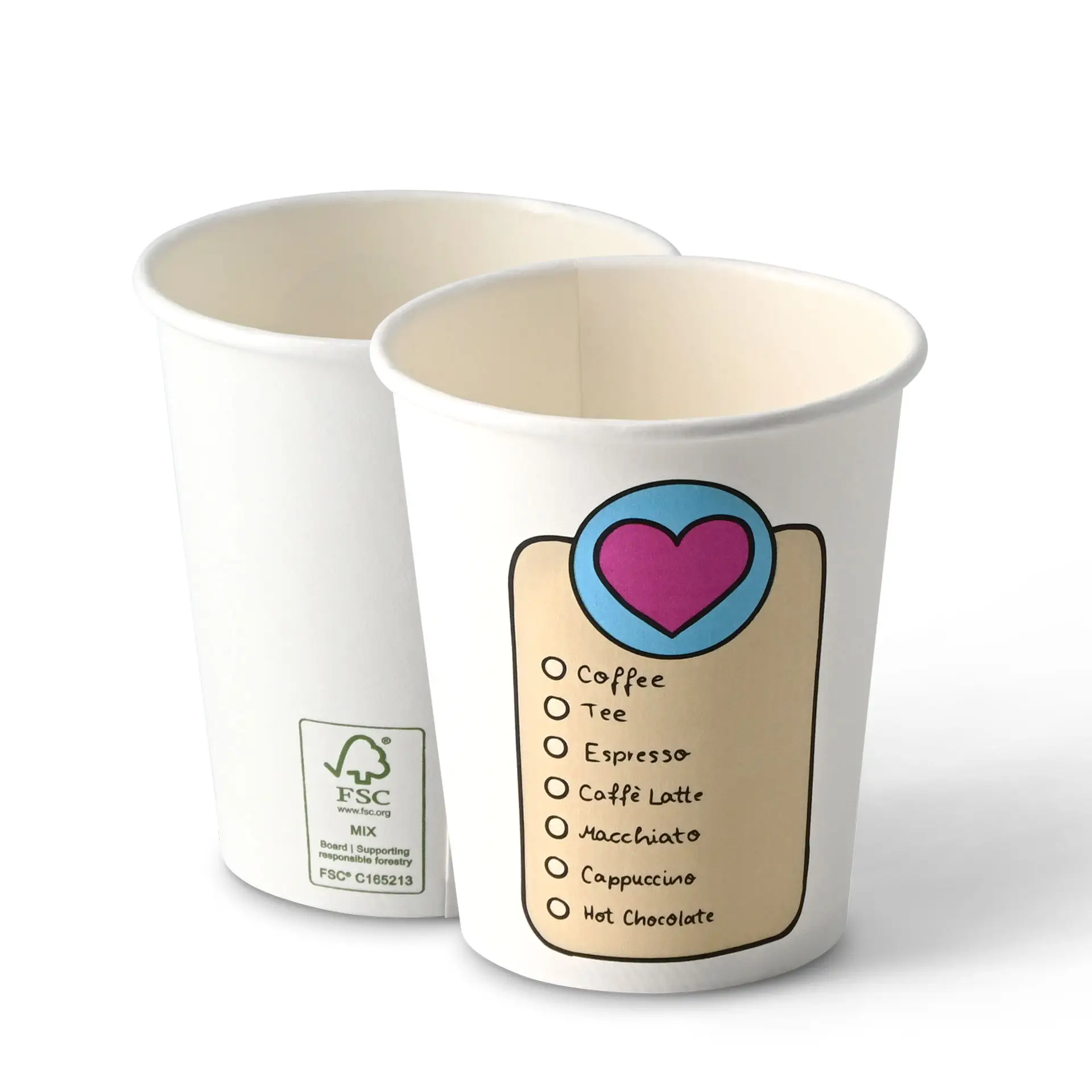 Bedrukte kartonnen beker "Coffeelove" 200 ml / 8 oz, Ø 80 mm, wit