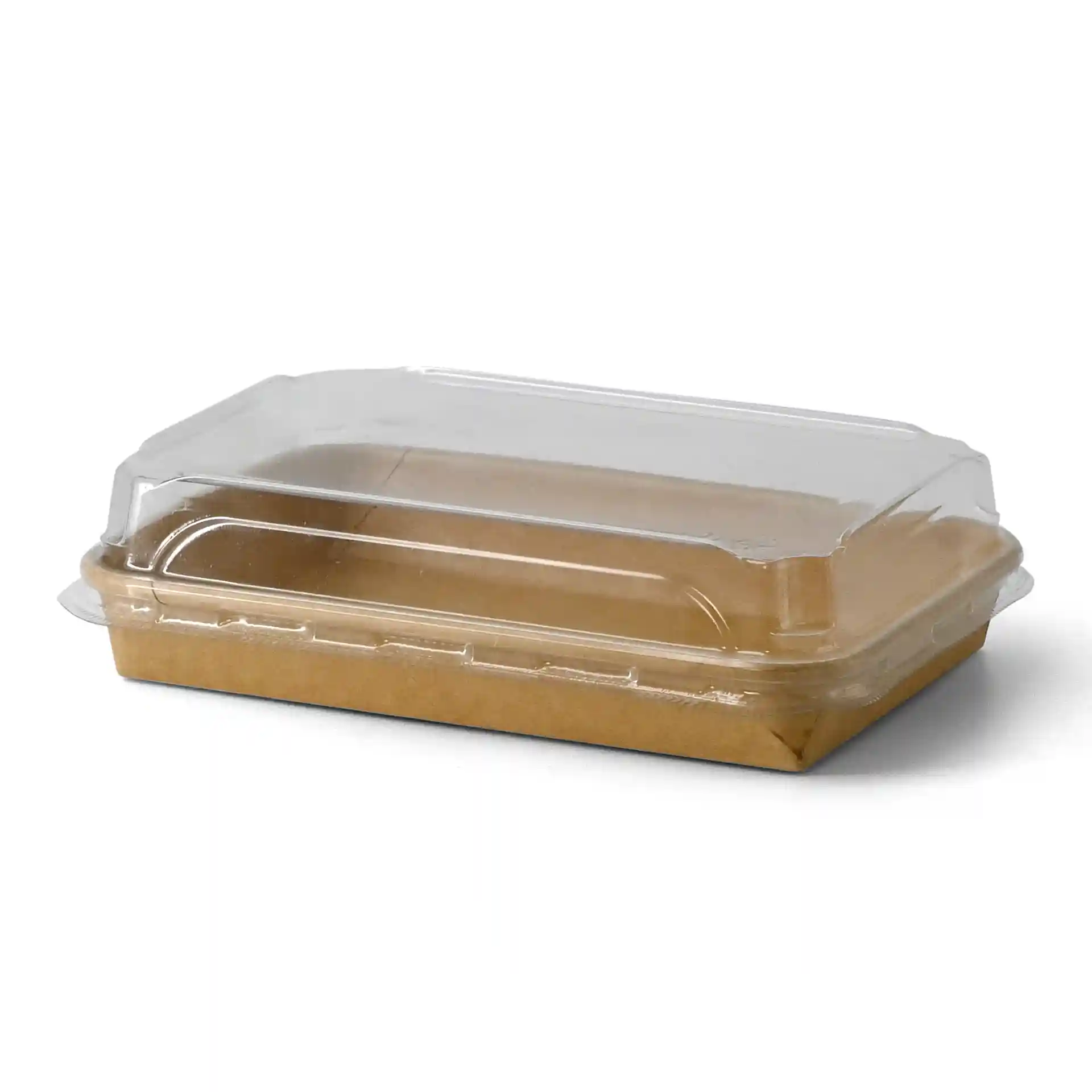 Transparant PET-deksel voor sushi-doos, afmetingen 22 x 14 x 3 cm, hoogte 3,2 cm.