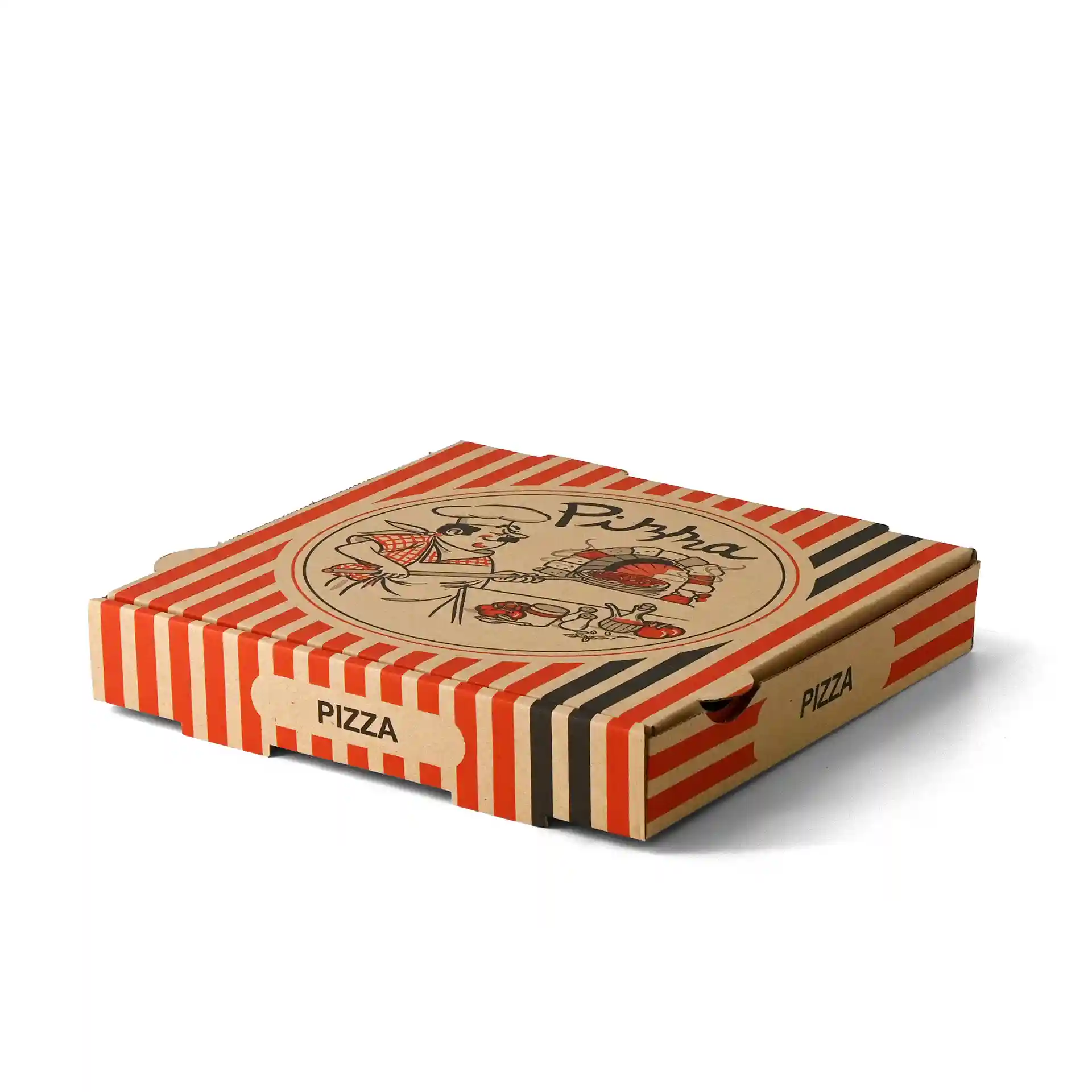 Bruine pizzadoos met een pizzakok ontwerp, 28 x 28 x 4 cm, met rode en zwarte strepen.