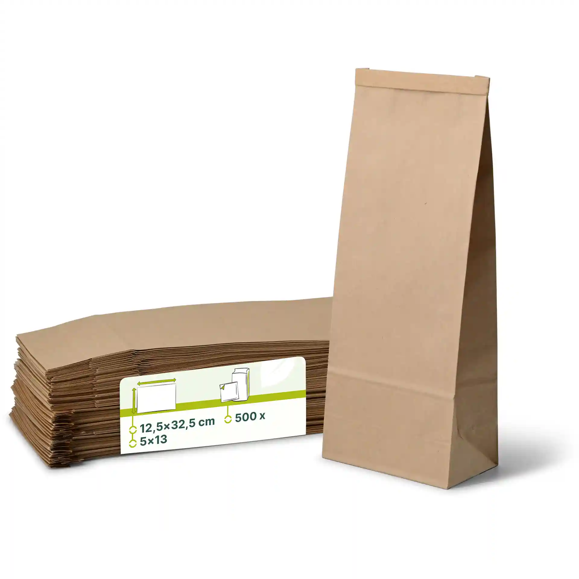 Bruine blokbodemzakken van 32,5 cm hoog, gestapeld met een label met afmetingen en hoeveelheid.