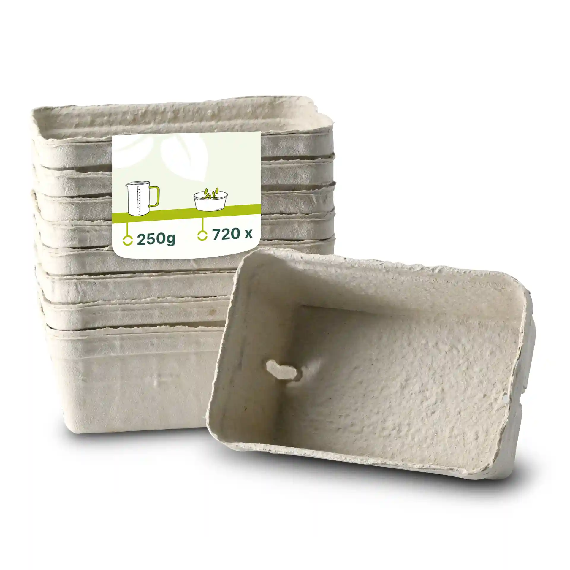 Stapeltje witte houtpulp bessenbakjes met één bakje zijwaarts gedraaid, dat de binnenkant en afmetingen toont.