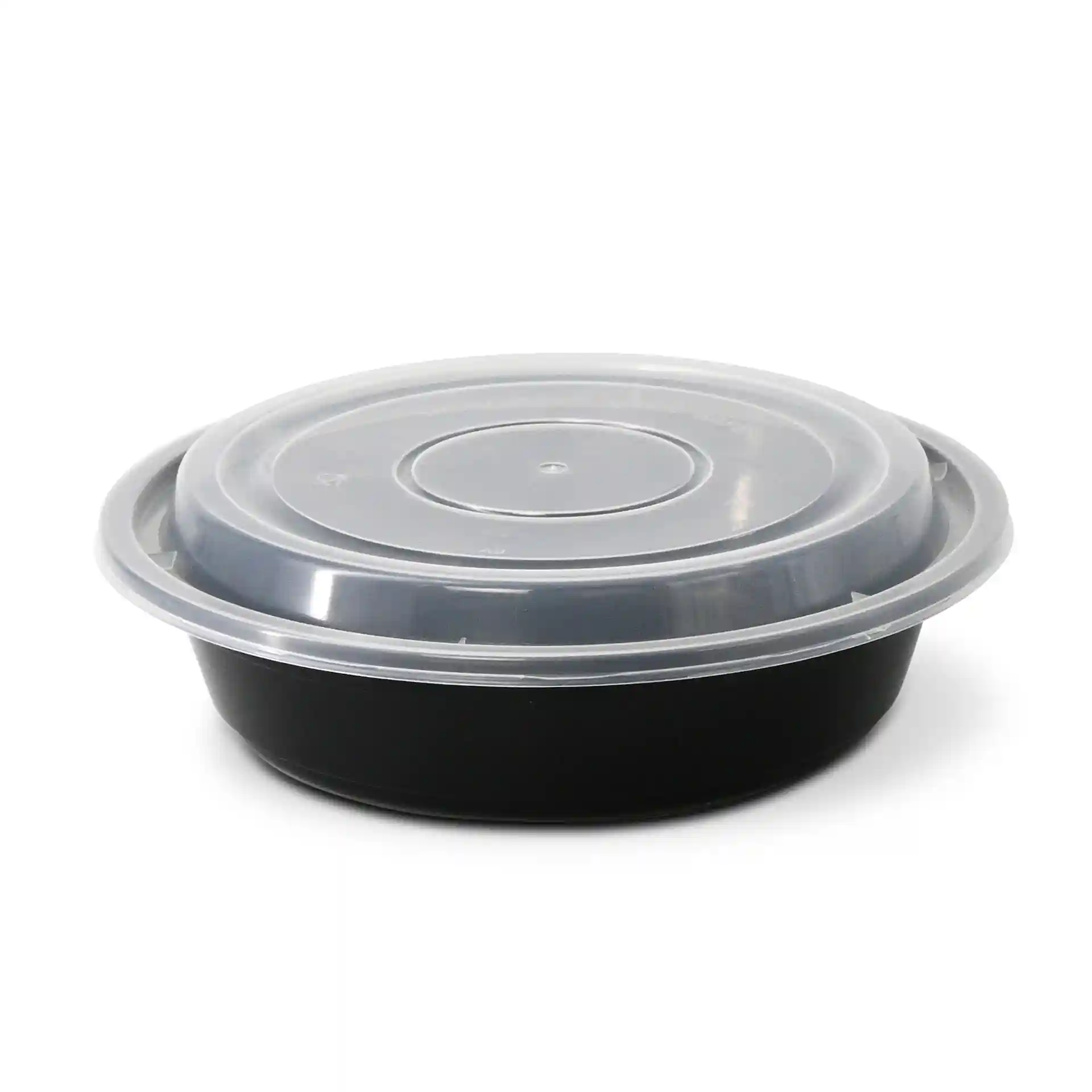 Ronde zwarte herbruikbare plaat met een doorzichtig deksel, 700 ml capaciteit, diameter 182 mm.