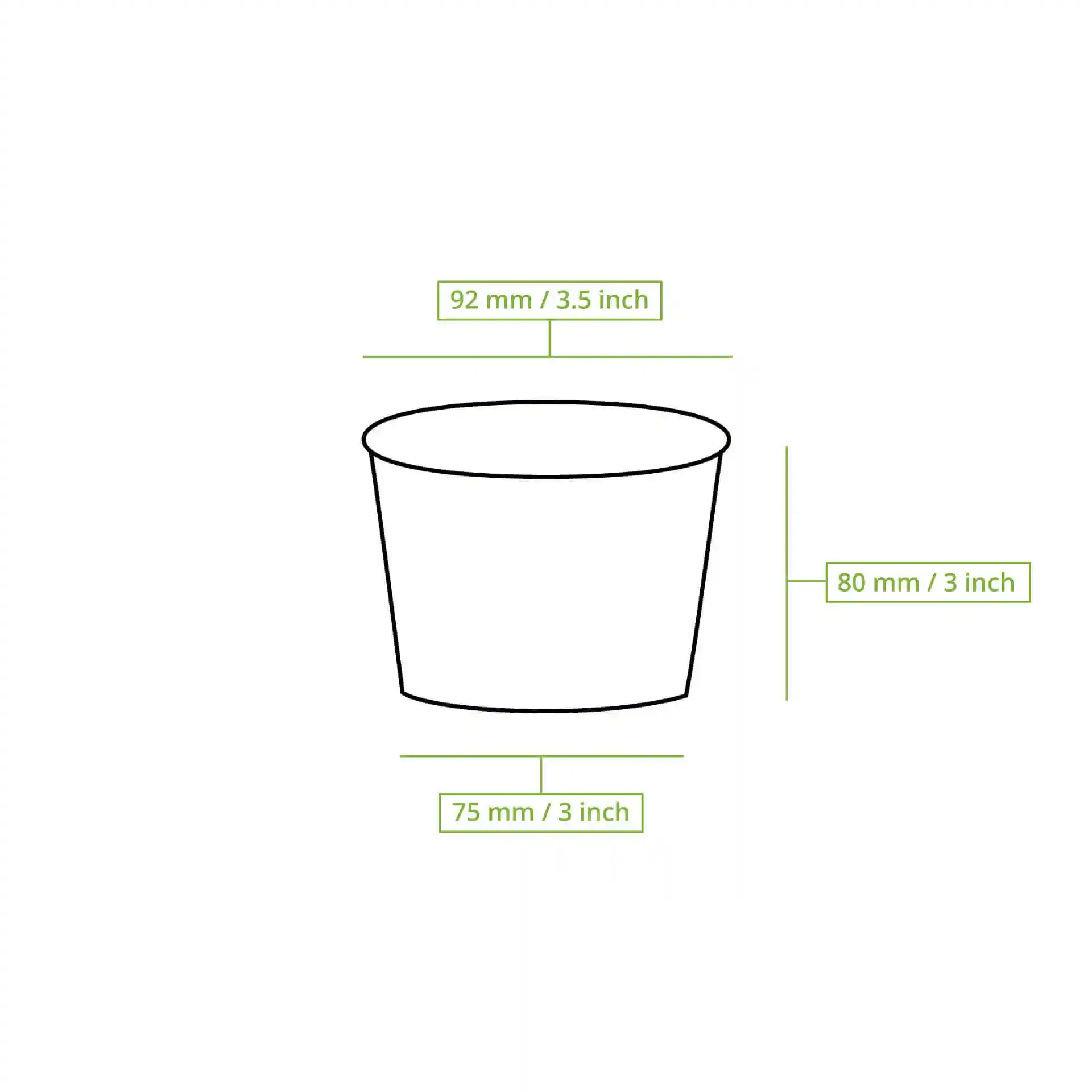 Schematische tekening van een ronde papieren ijsbeker met afmetingen: 92 mm diameter, 82 mm hoogte en 75 mm basisdiameter.