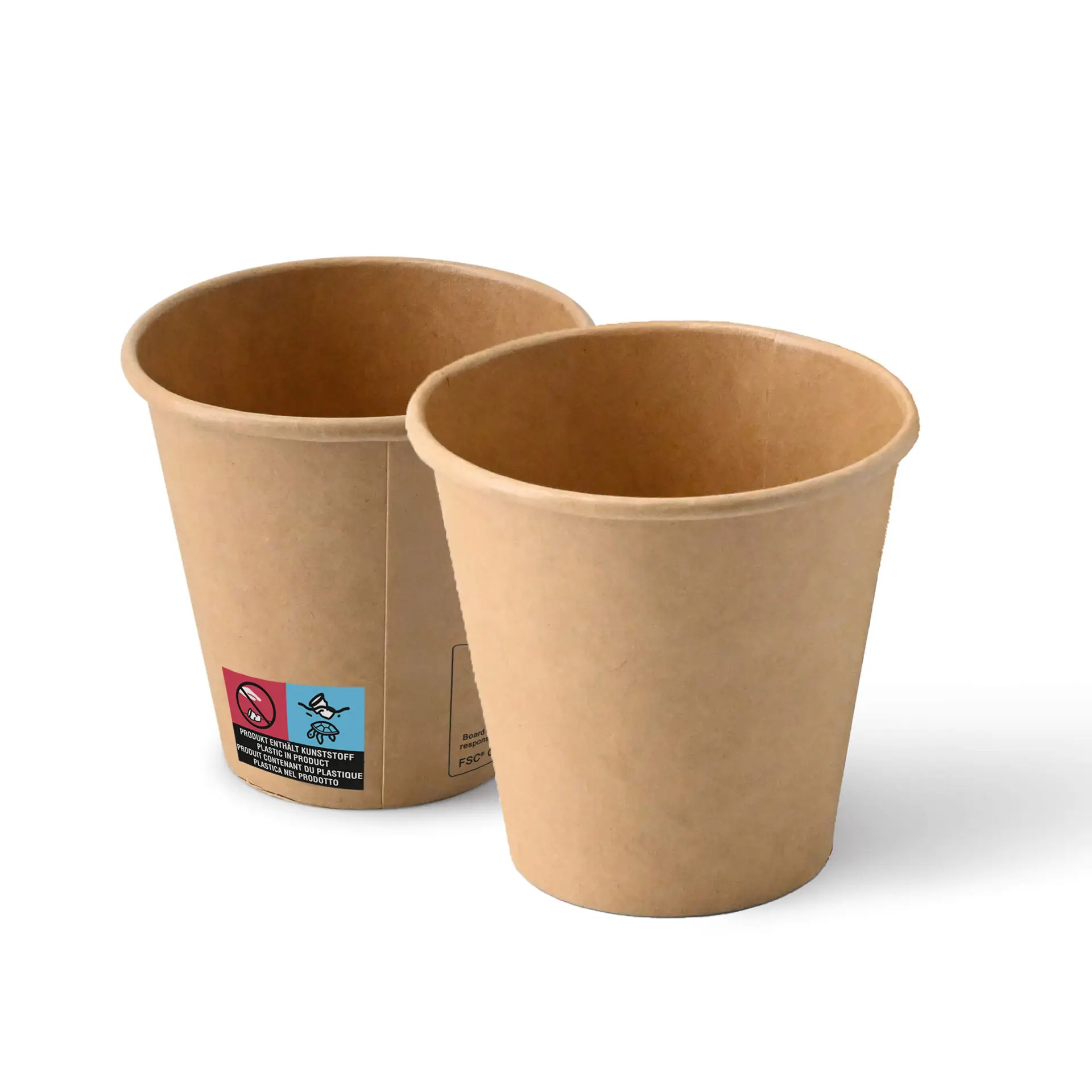 Bruine 6 oz papieren bekers met een ronde vorm, met twee bekers en een label met symbolen aan één kant.