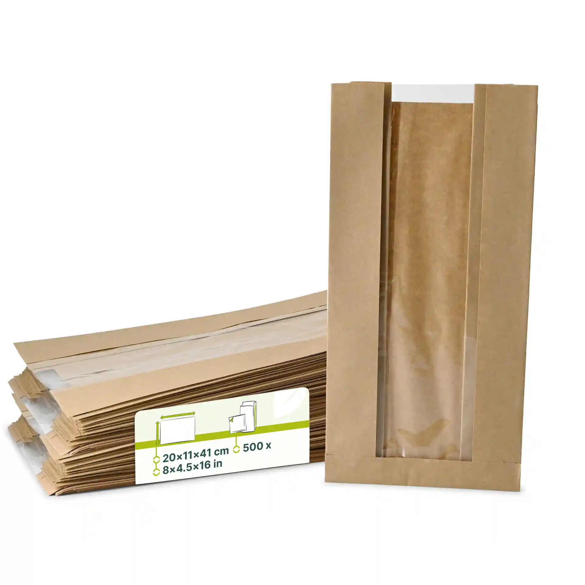 Bruine platte papieren broodzakken met venster, 20 x 11 x 41 cm, gestapeld met een zichtbaar label.