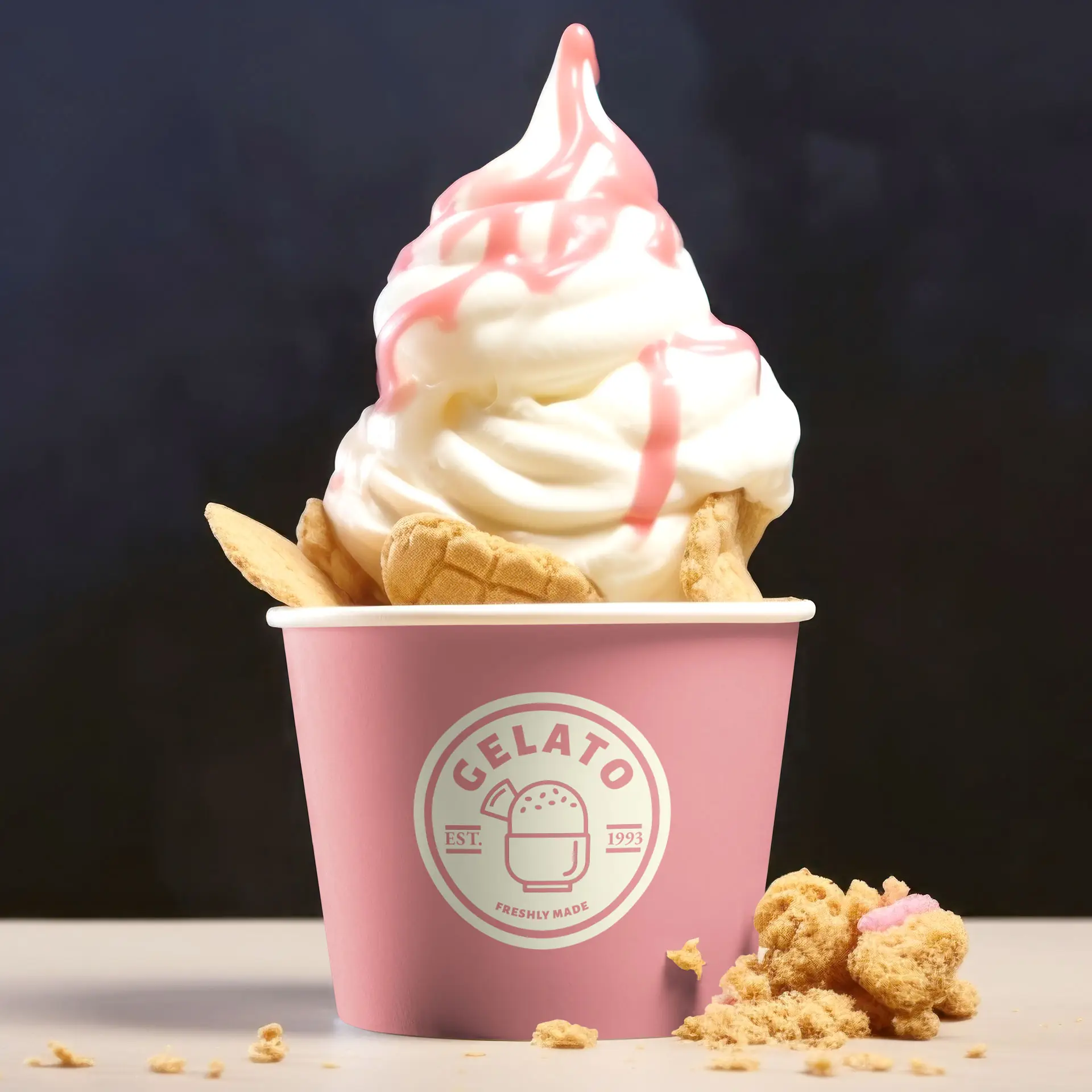 Een roze op maat gedrukt ijscup met softijs met roze drizzle en een cone; koekjes verspreid in de buurt.