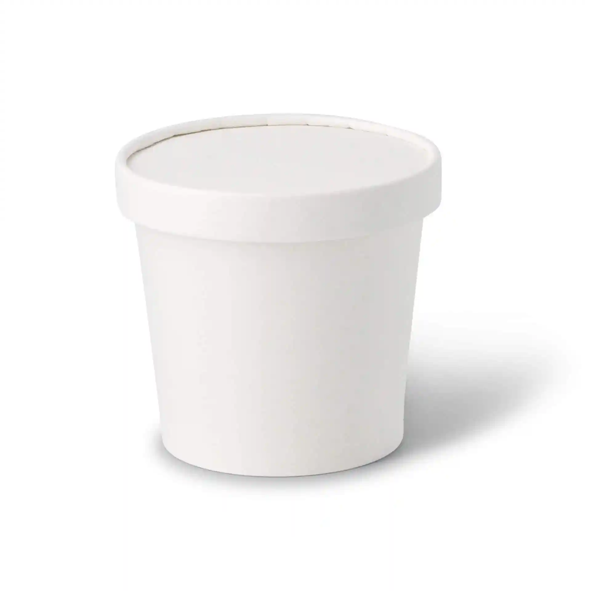 Witte ronde kartonnen container met bijpassend deksel, geschikt voor ijs, 14 mm hoog en 93 mm in diameter.