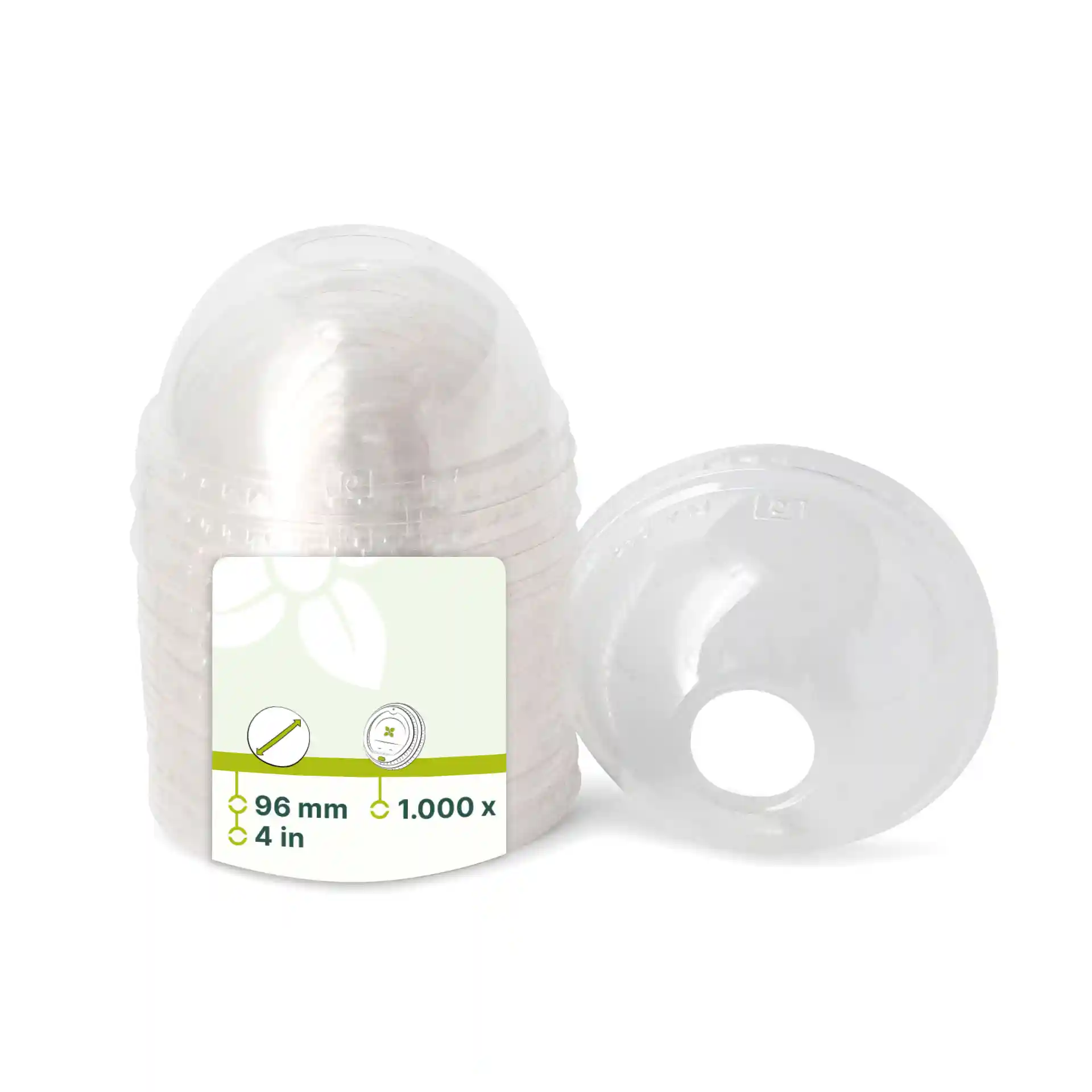 Transparante PLA-dome deksel met een rietjesopening, 96 mm in diameter en 44 mm hoog.