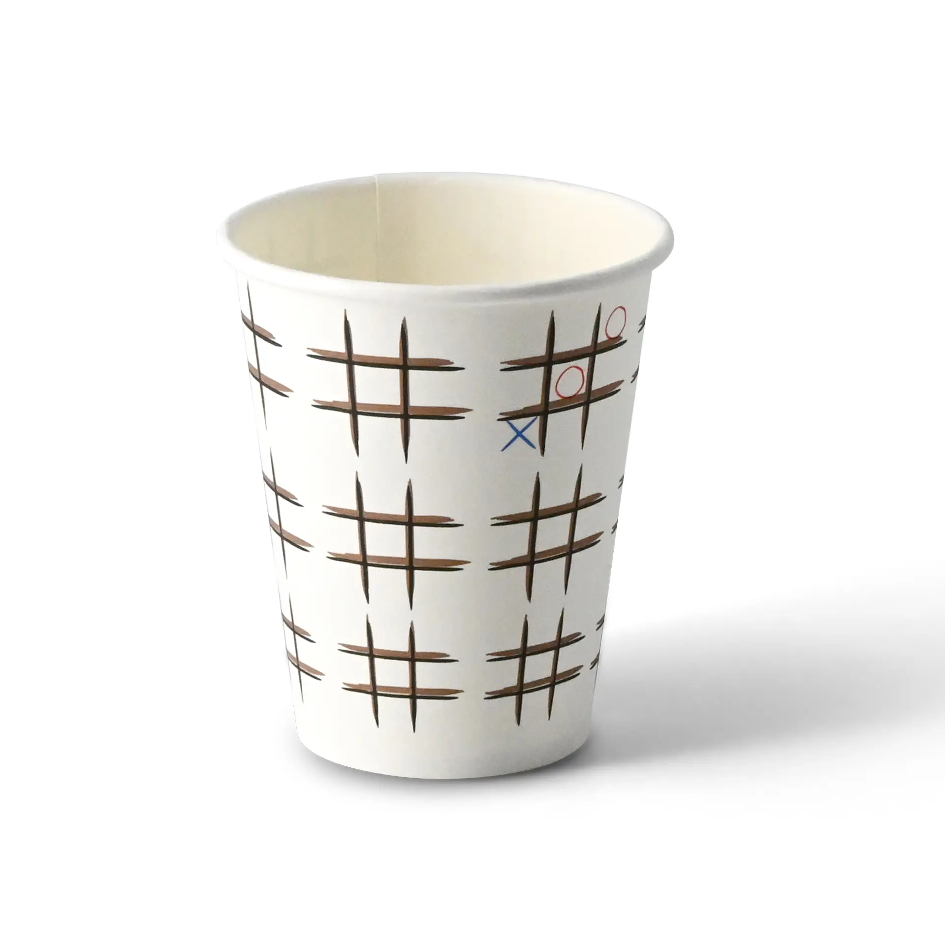Bedrukte kartonnen beker "Tic Tac Toe" (gecoat) 200 ml / 8 oz, Ø 80 mm, wit