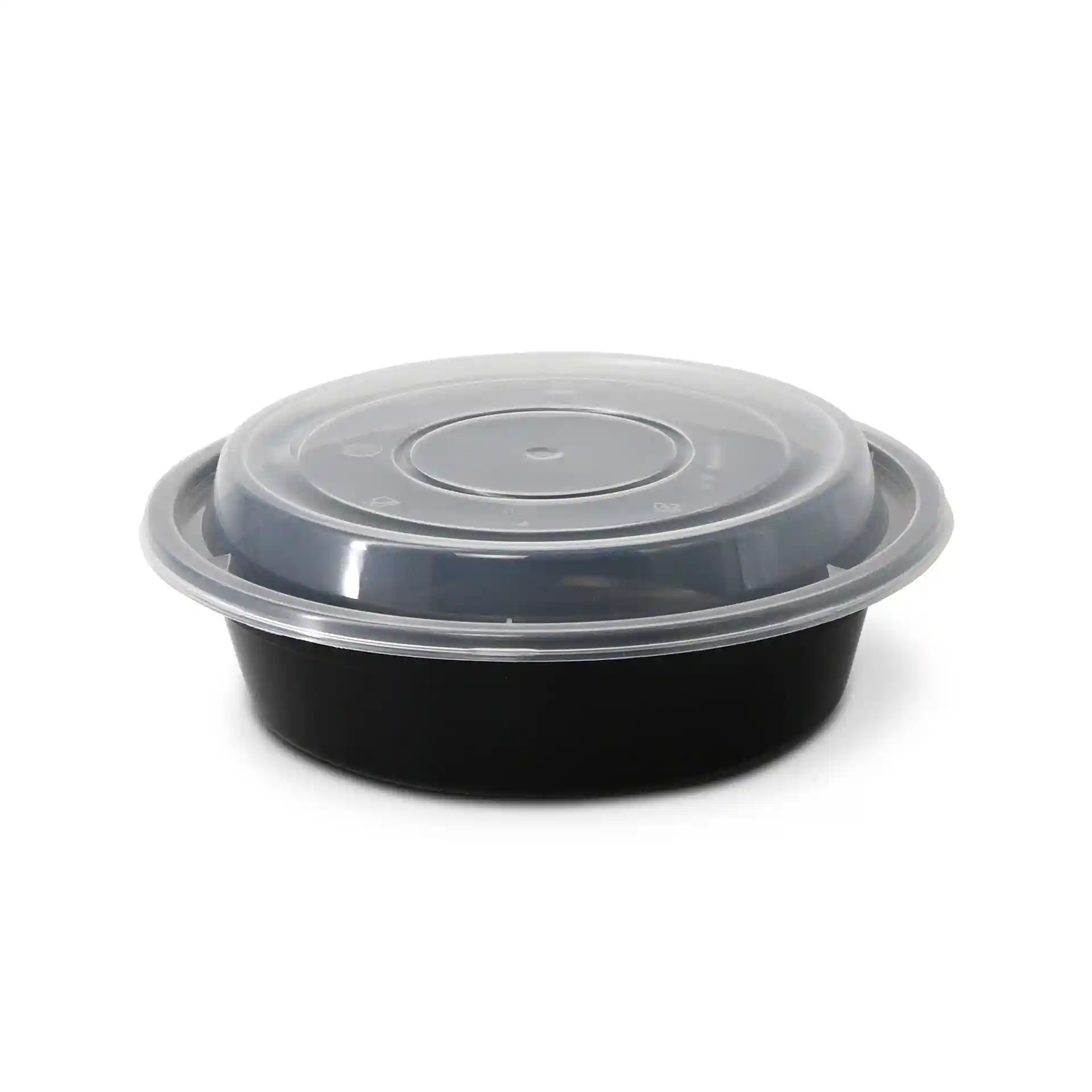 Ronde zwarte herbruikbare plaat met een doorzichtige deksel, 450 ml capaciteit, diameter van 158 mm.