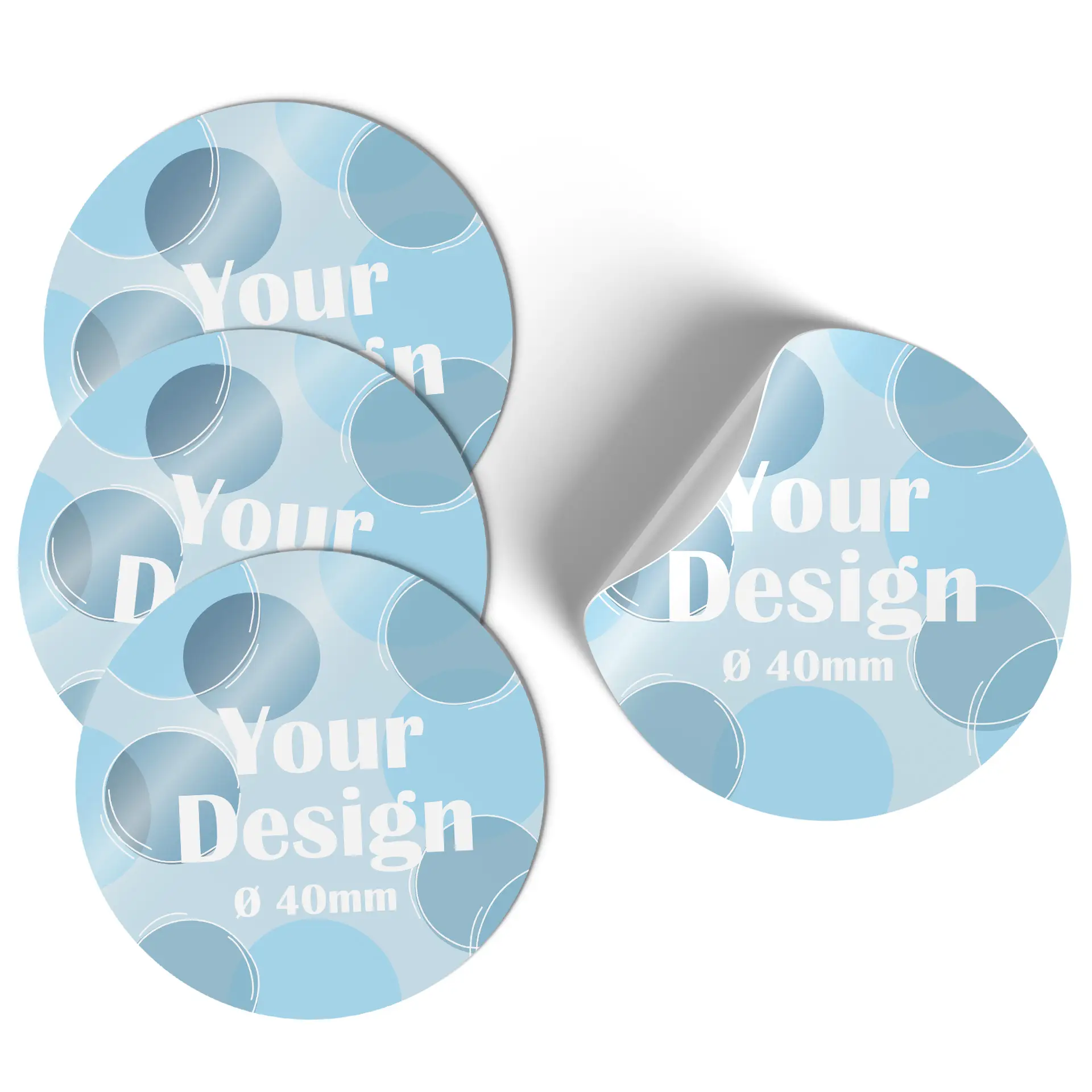 Ronde sticker met blauwe gradient en wit pictogram, met een cirkelvormig ontwerp en een diameter van 4 cm.