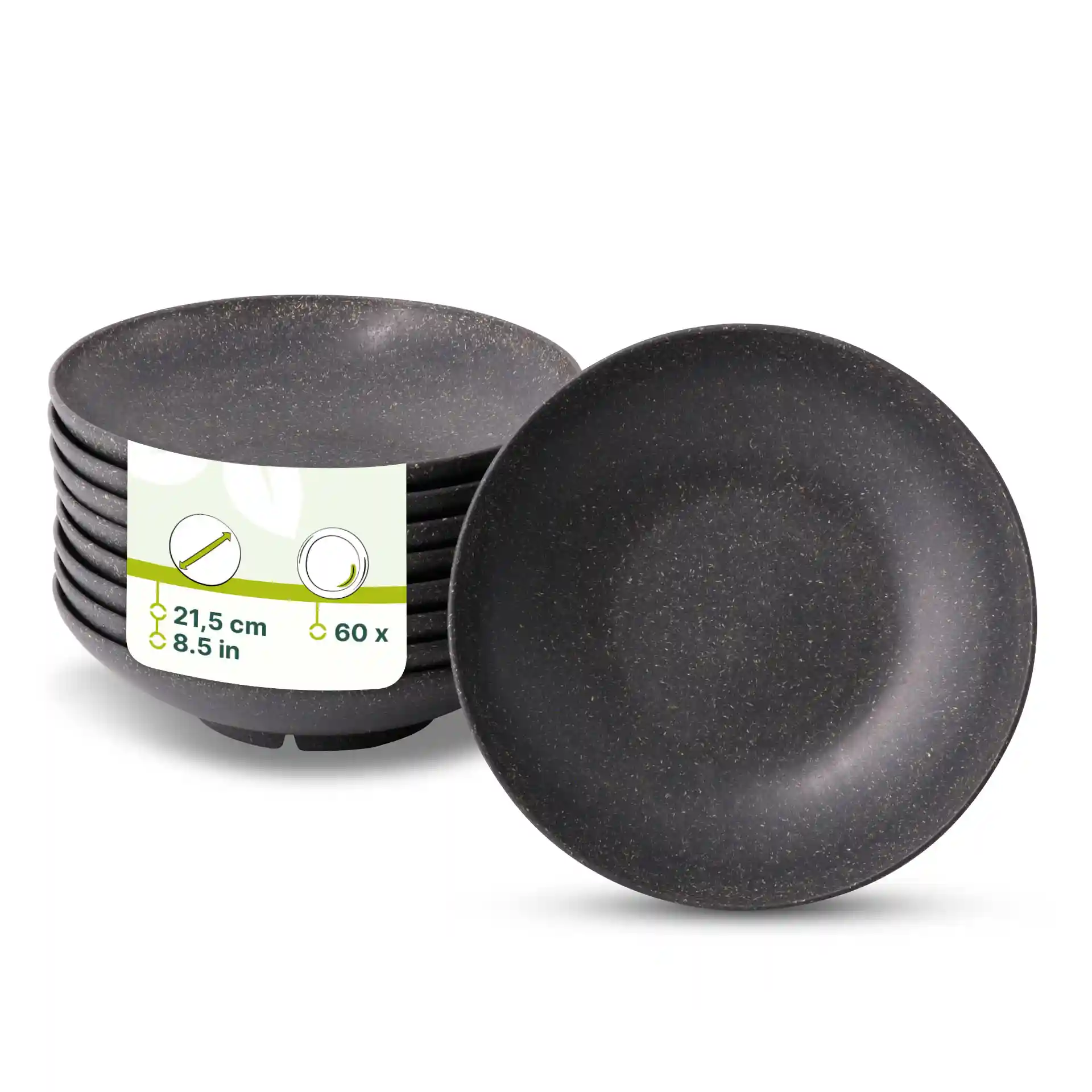 Diepe ronde grijze herbruikbare bekers met een diameter van 21,5 cm, gestapeld met een label met afmetingen en hoeveelheid.