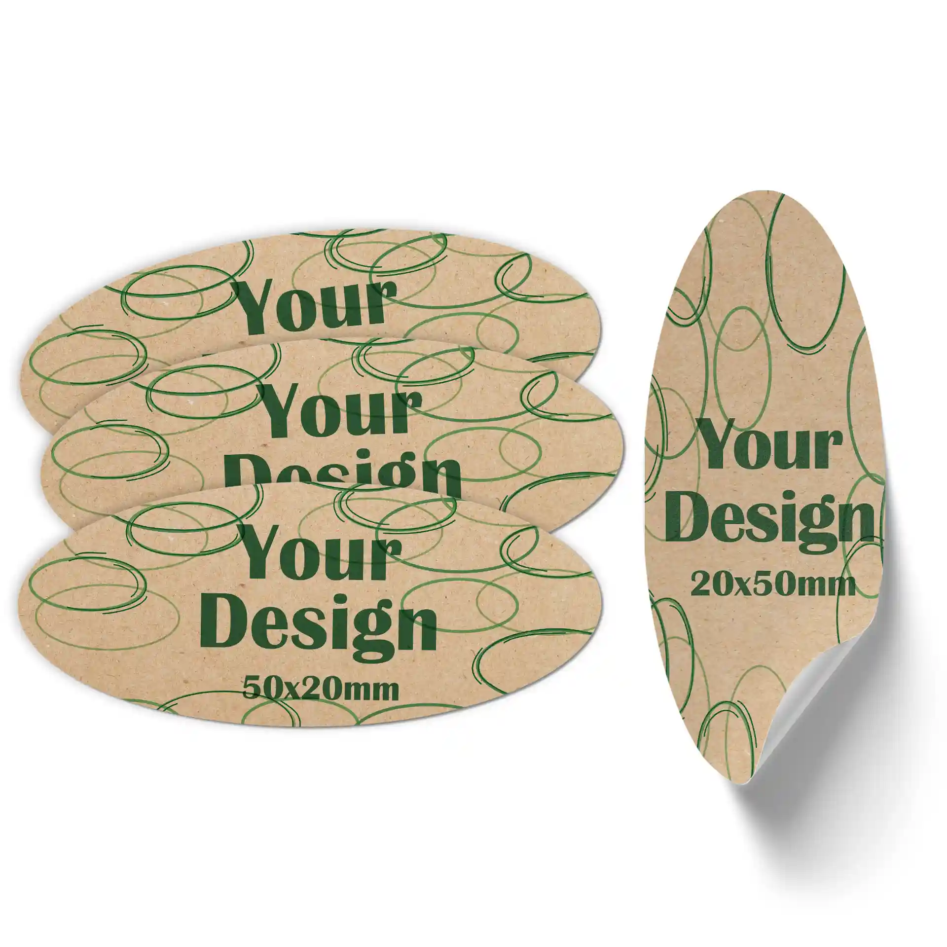 Ovale bedrukte labels op bruin mat kraftpapier, met groene cirkelvormige ontwerpen en tekst, 20x50 mm groot.