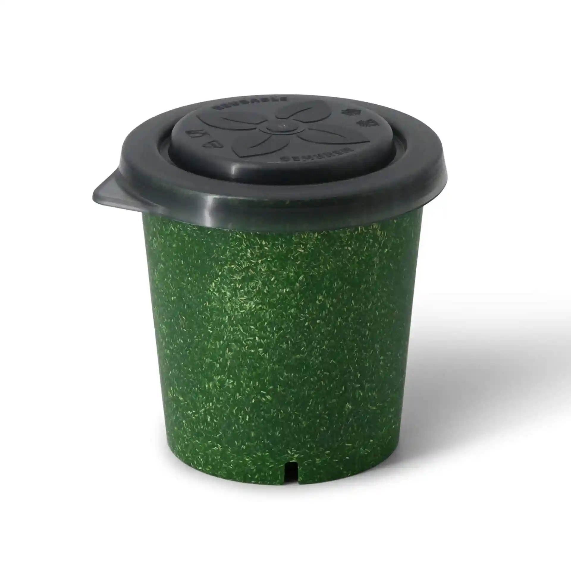 Ronde herbruikbare beker in donkergroen, met een zwarte deksel en een inhoud van 400 ml.