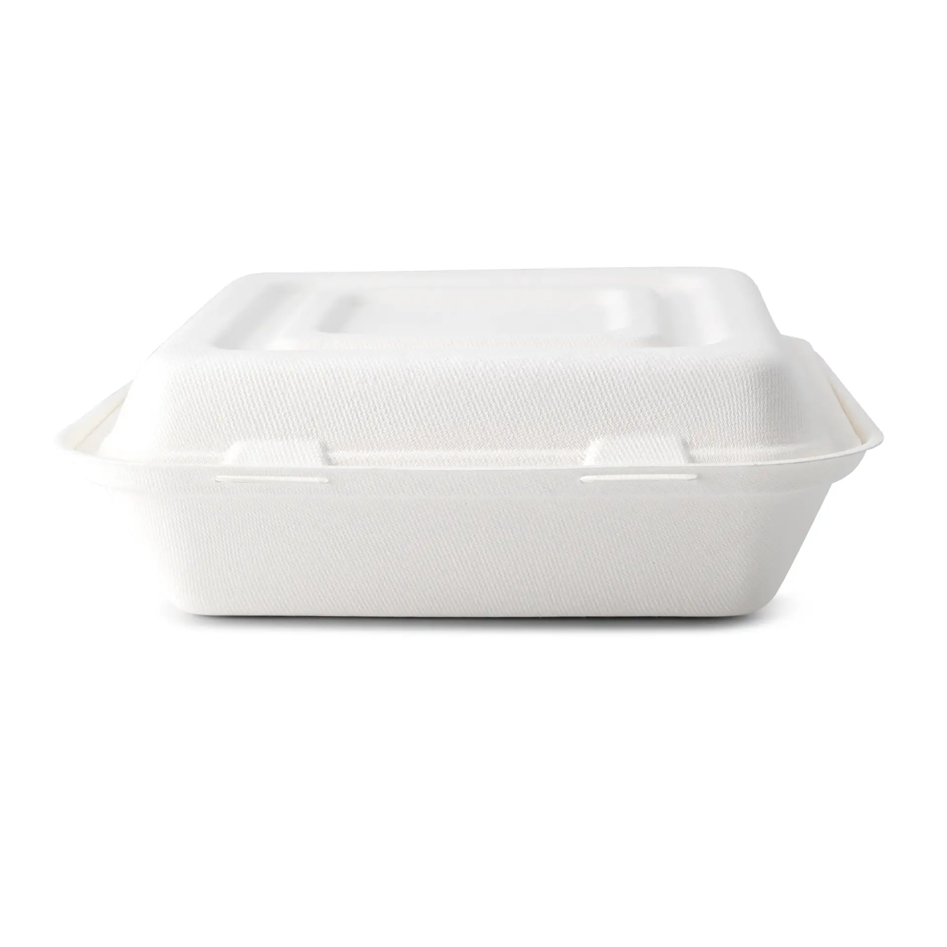 Maaltijdcontainer van suikerriet, 23,5 x 23,5 x 8 cm, 3 vakken, scharnierend deksel, rechthoekig