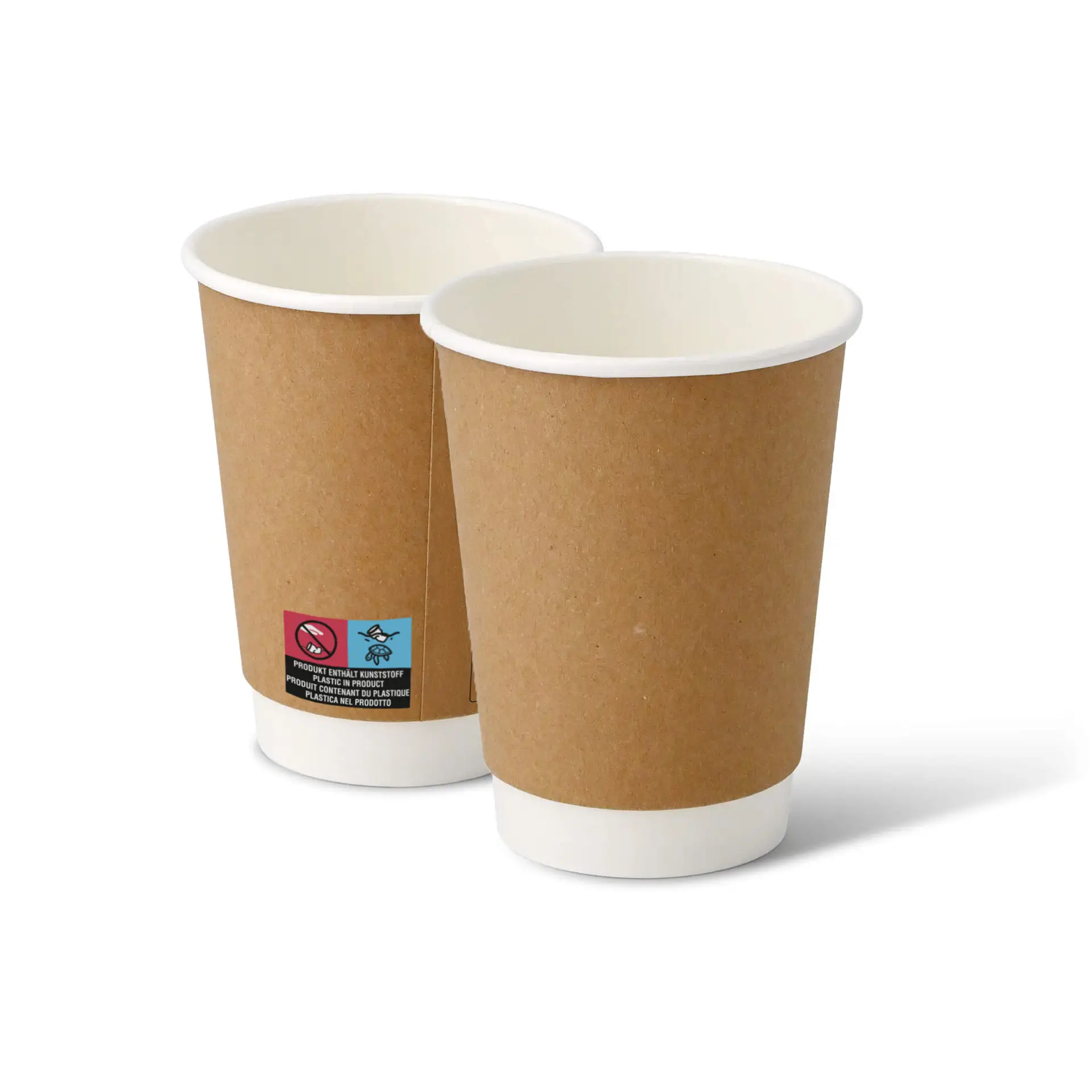Twee dubbele wand 12 oz bruine takeaway-kopjes met witte binnenkant, geschikt voor warme en koude dranken.