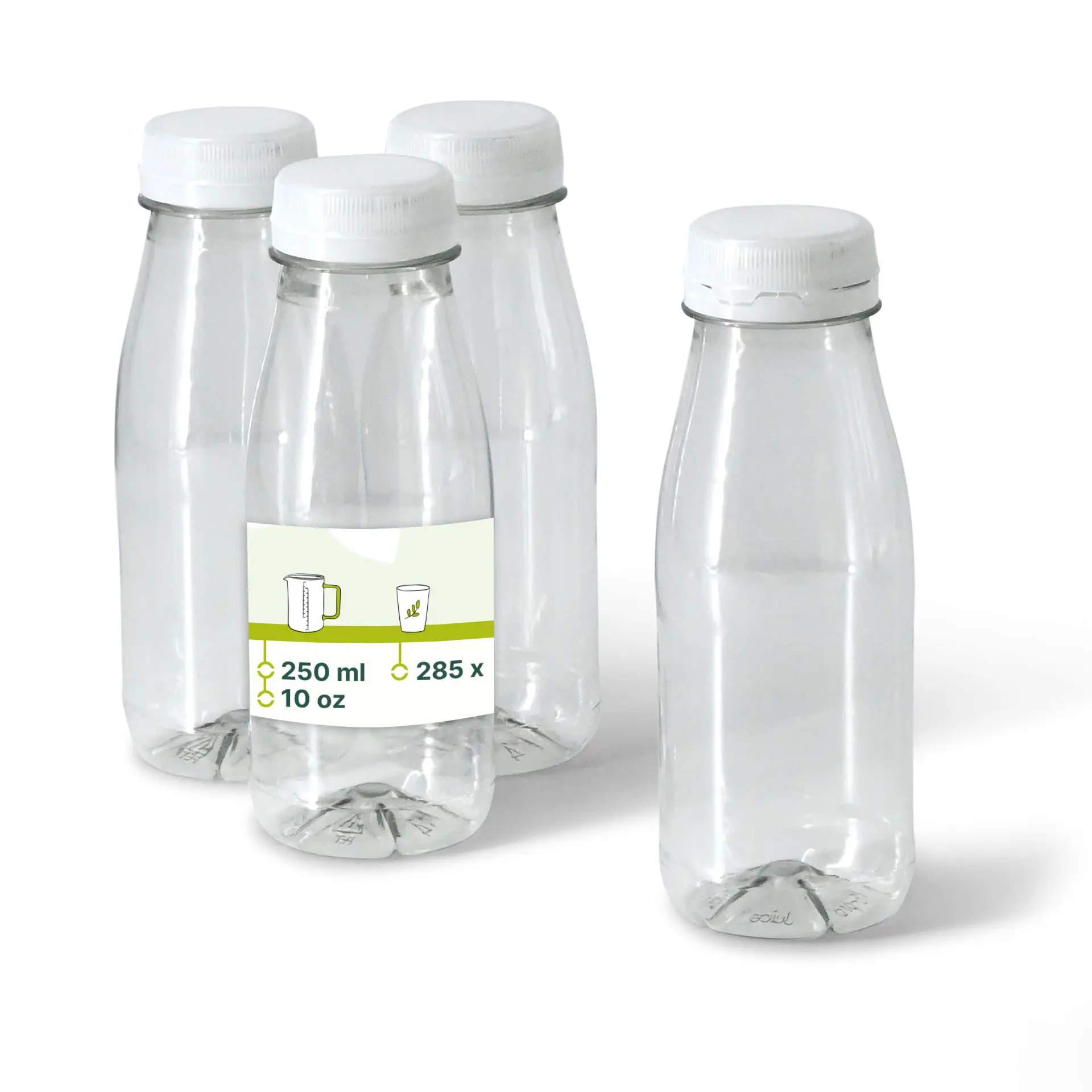 rPET flessen 250 ml / 9 oz, helder, deksel wit rPET flessen 250 ml / 9 oz, helder, deksel wit