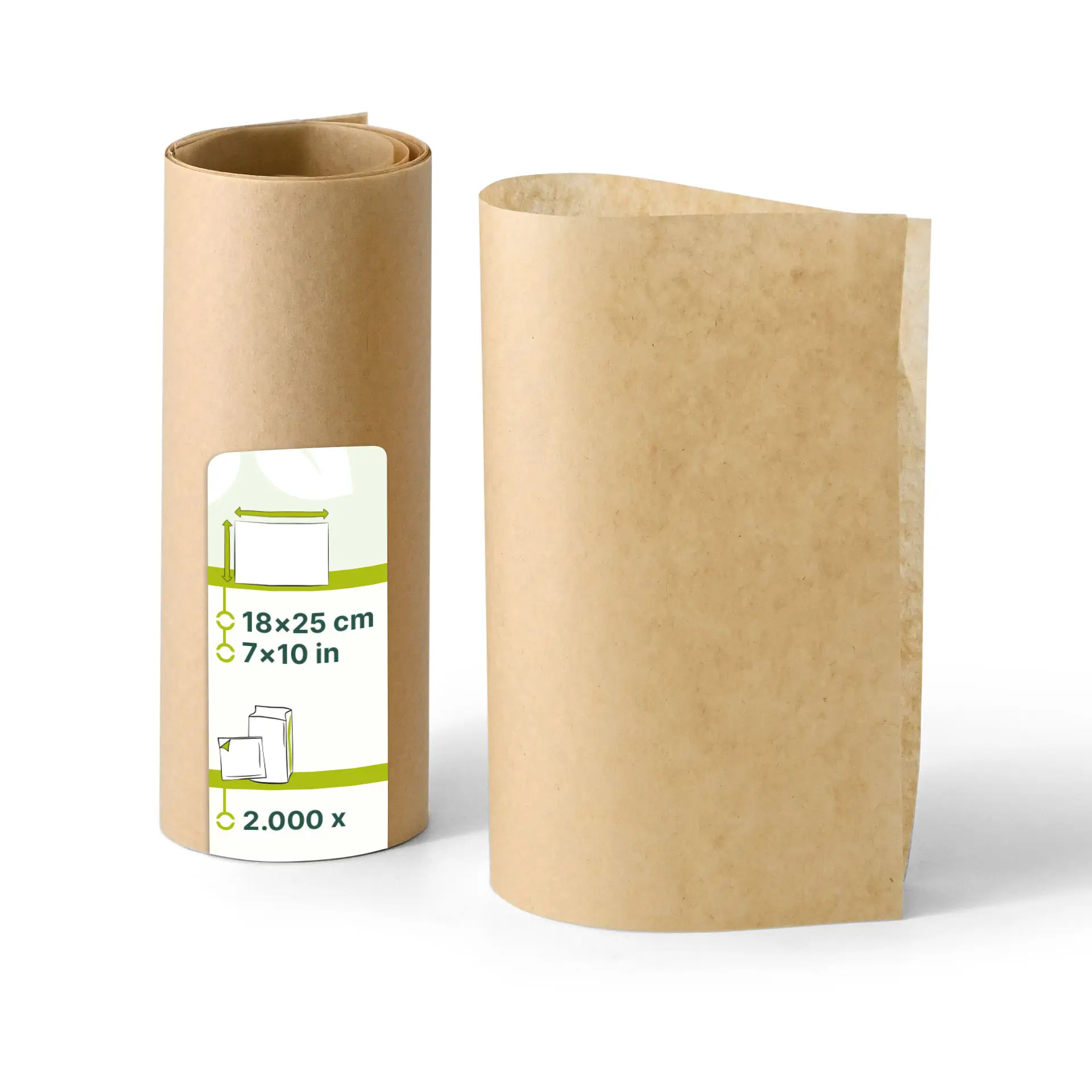 Bruin vetvrij inpakpapier, voorgeknipt op 18 x 25 cm, geschikt voor warme, koude en vette voedingsmiddelen.