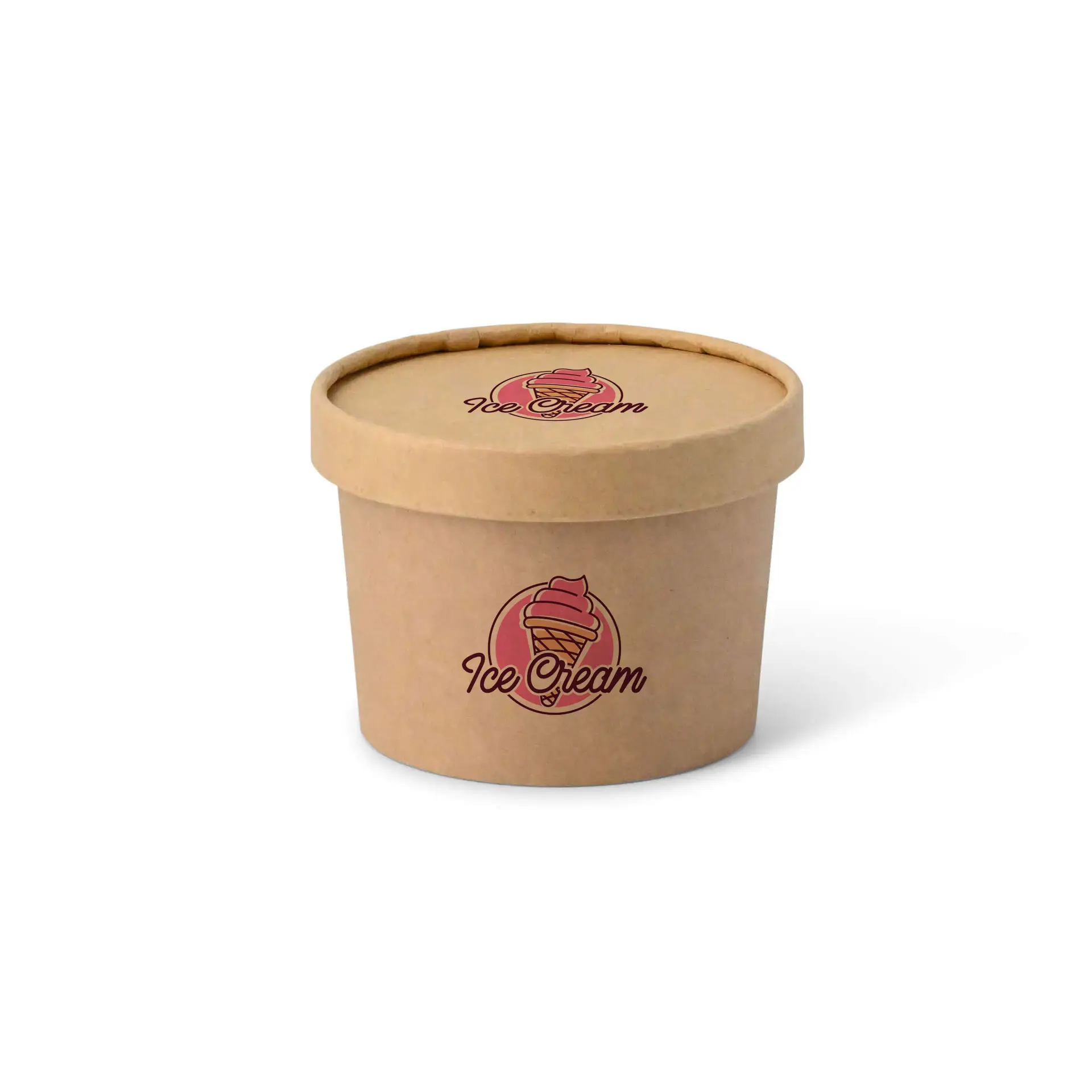 Bruine kartonnen ijsbekers met een op maat bedrukte deksel met een logo van een ijscone.