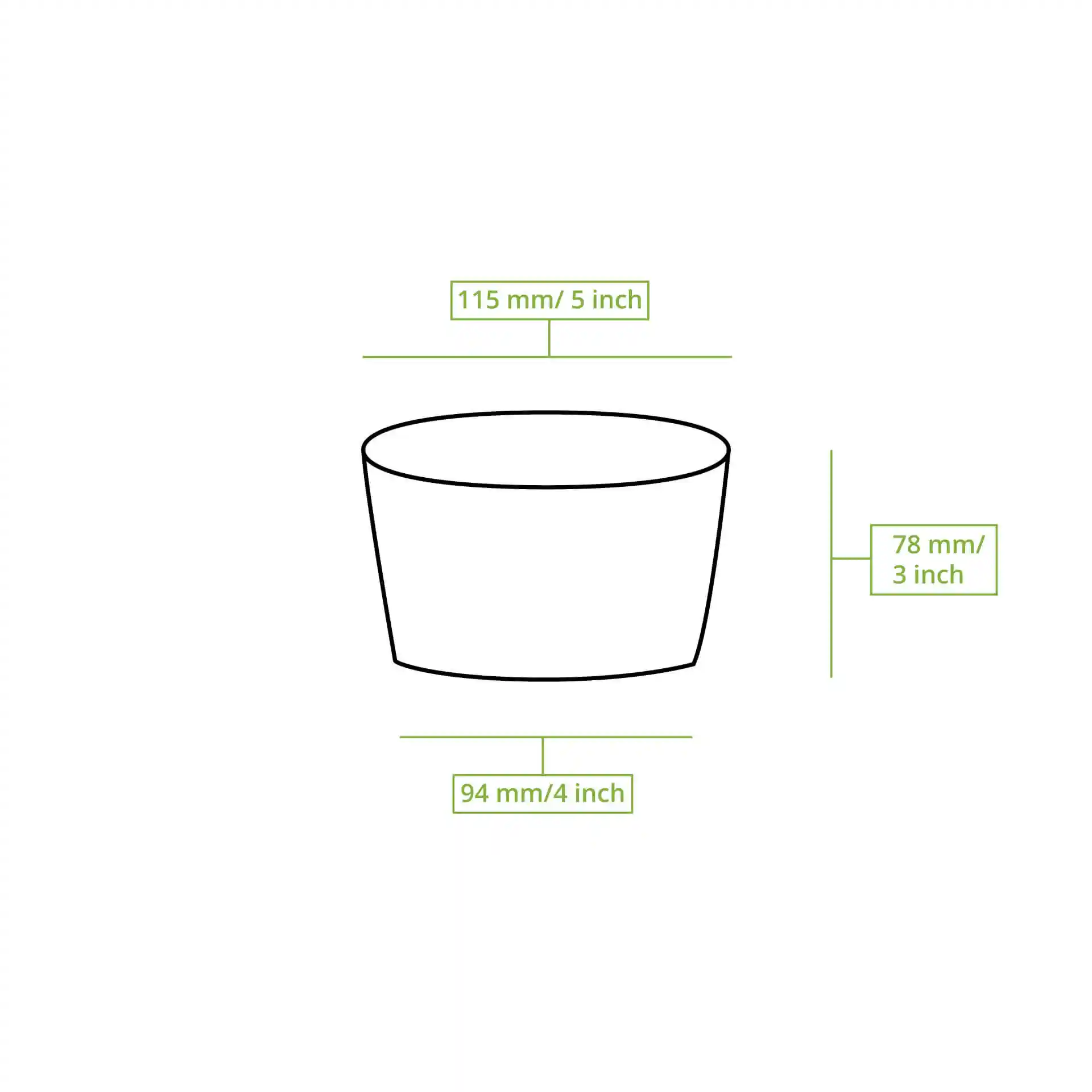 Schematische tekening van een ronde kartonnen soepcontainer met gelabelde afmetingen: 115 mm diameter, 78 mm hoogte en 94 mm bodemdiameter.