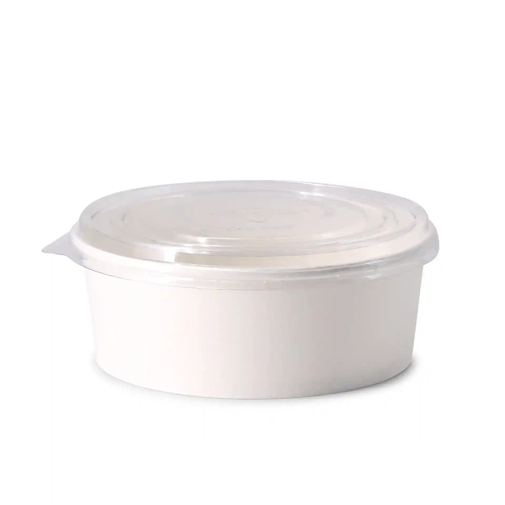 Ronde witte kartonnen kom met een doorzichtig deksel, 1000 ml capaciteit, diameter 185 mm, hoogte 67 mm.