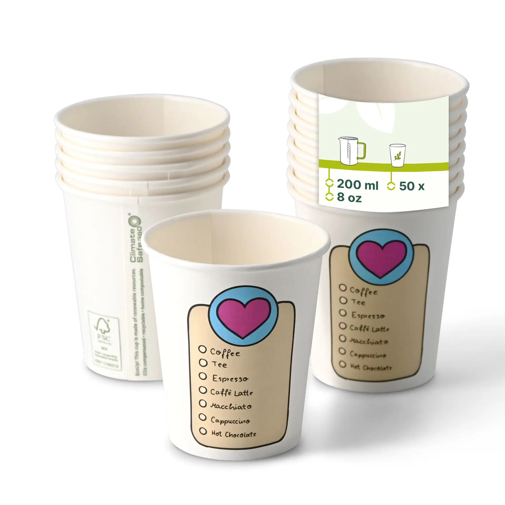 Bedrukte kartonnen beker "Coffeelove" 200 ml / 8 oz, Ø 80 mm, wit