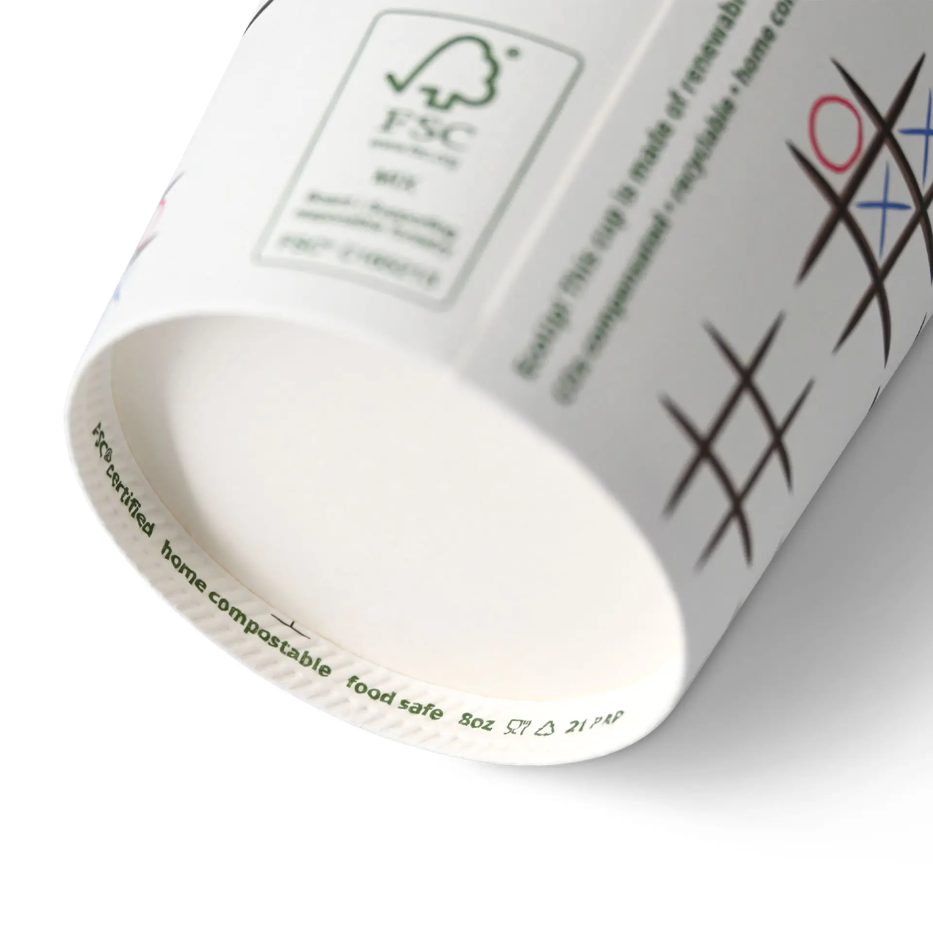 Bedrukte kartonnen beker "Tic Tac Toe" 200 ml / 8 oz, Ø 80 mm, wit