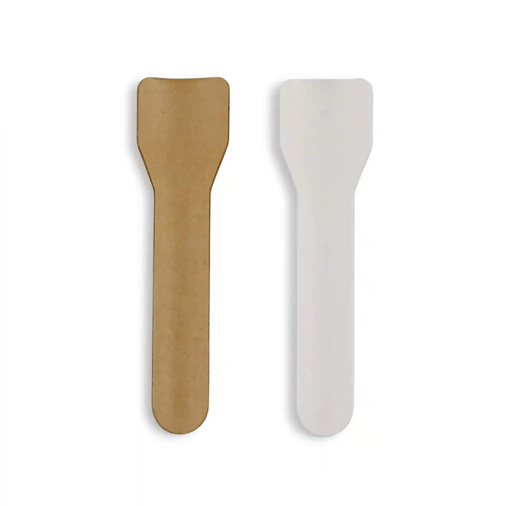 Afbeelding van twee papieren ijslepels, één bruin en één wit, beide 9,5 cm lang.