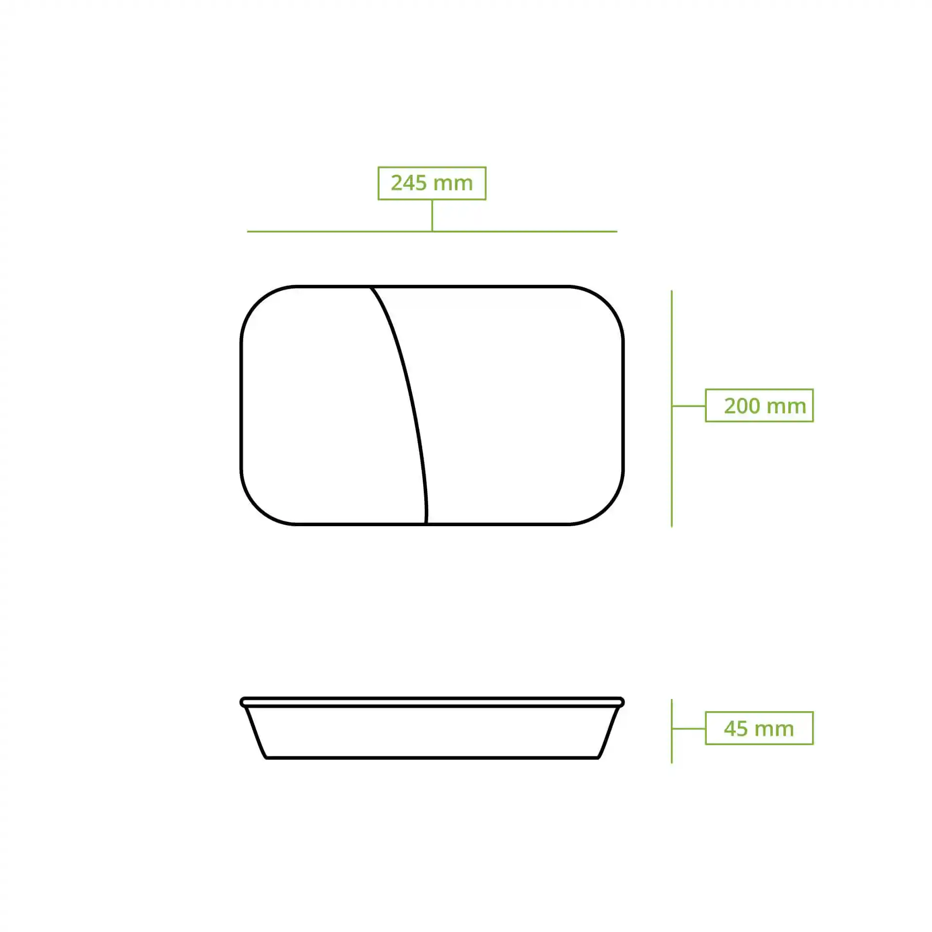 Schematische tekening van een rechthoekige maaltijdcontainer met afmetingen van 245 mm bij 200 mm en een hoogte van 45 mm.