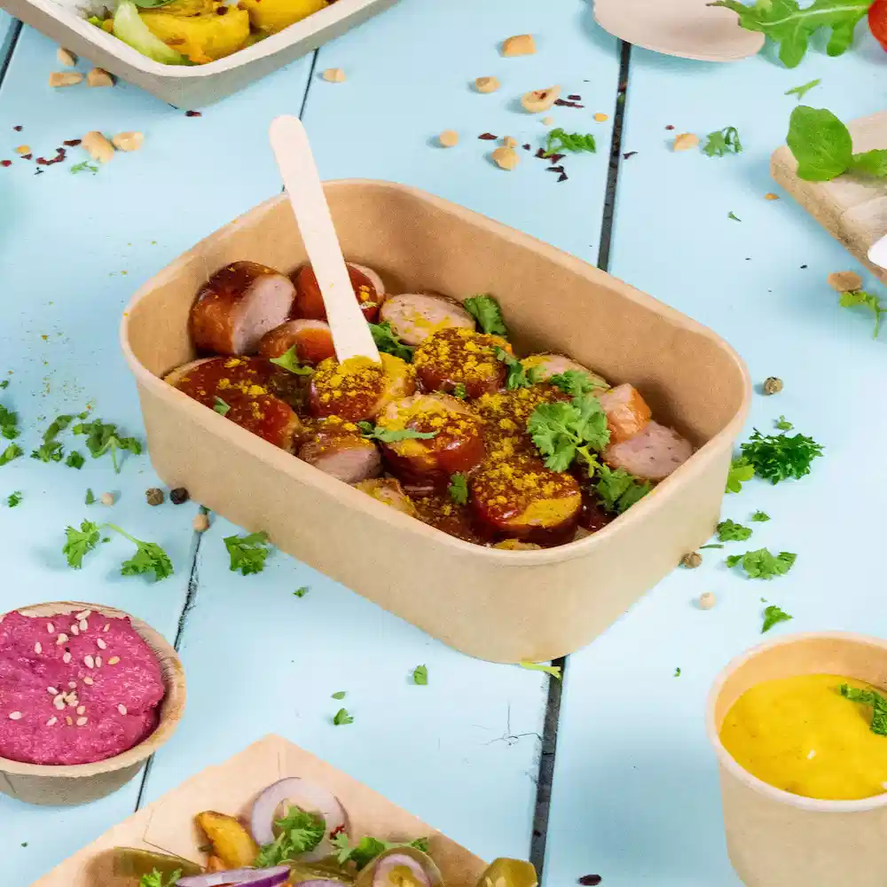 Container met gesneden worst in saus, gegarneerd met kruiden, omringd door verschillende dips en garnituren op een blauwe ondergrond.