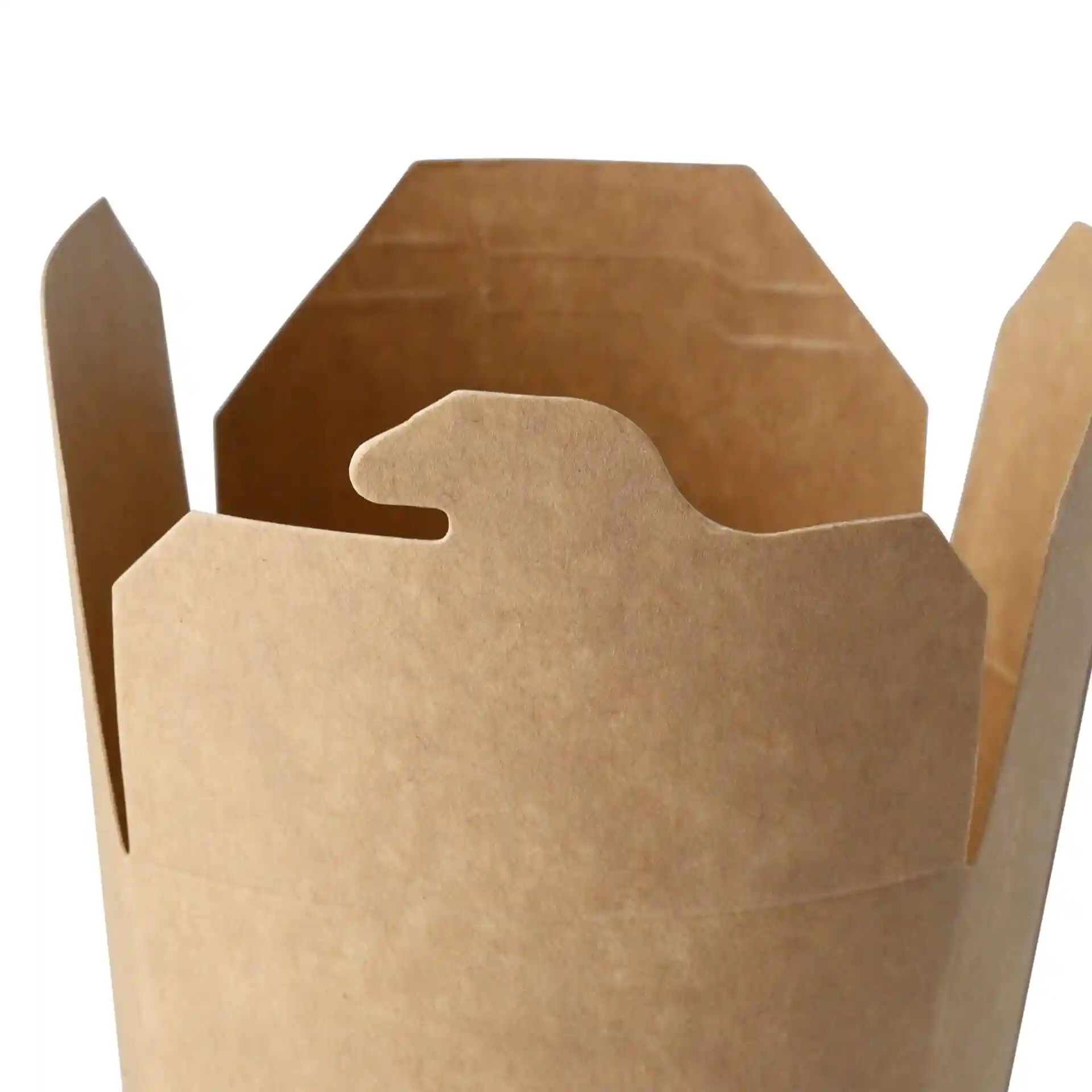Bruine kartonnen noedelbox met ronde vorm en flapsluiting, toont de binnenkant en details van de bovenrand.