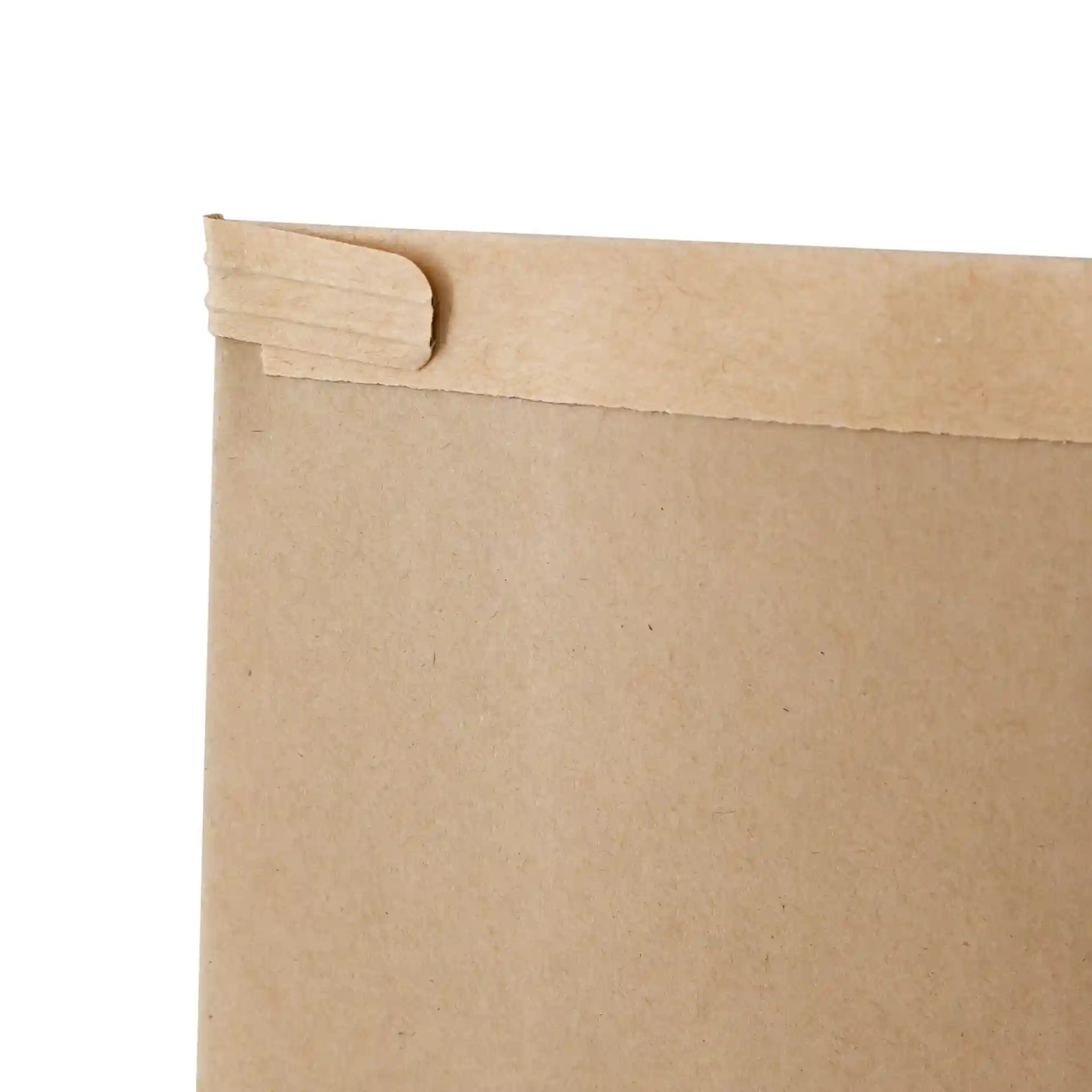Bruine kraftpapier blokbodemzak met een tinnen sluiting, toont de bovenrand en sluitingsdetails.