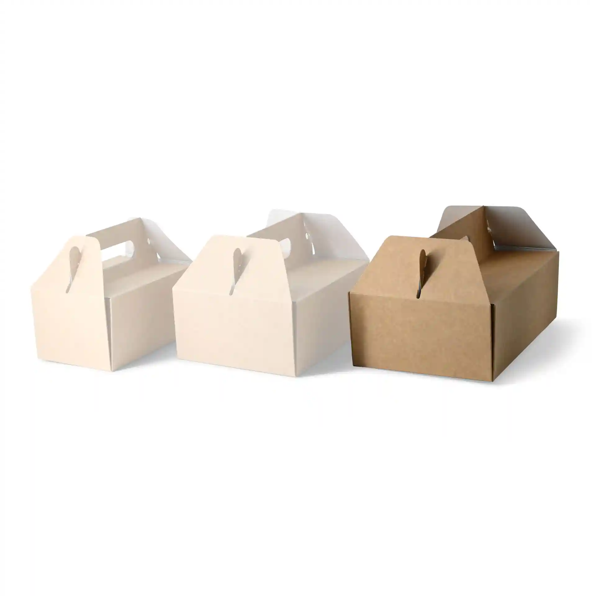 Drie opvouwbare kartonnen taartdozen met handvatten in wit en bruin, afmetingen 26 x 17 x 9 cm.
