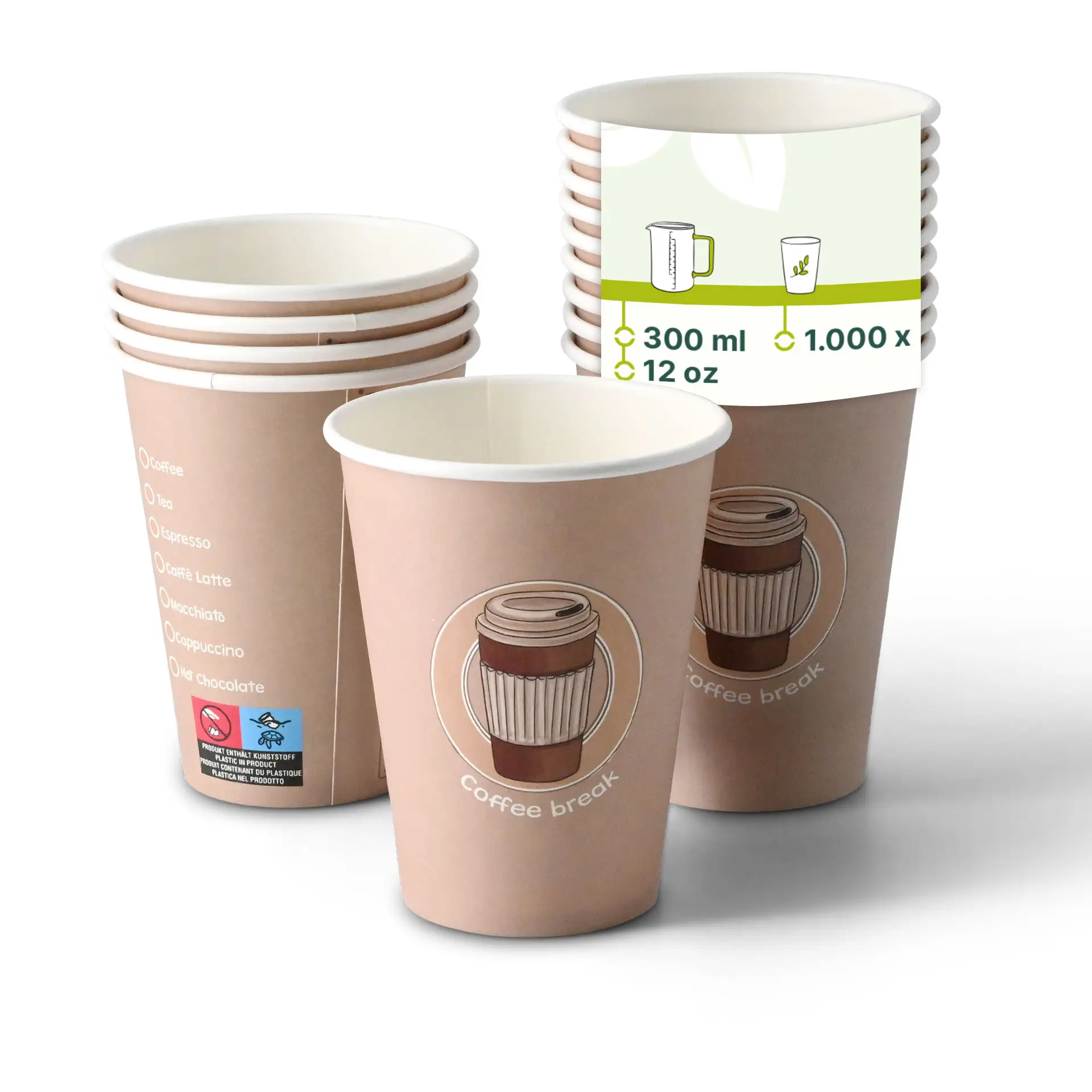 Een bedrukte papieren beker van 12 oz met het ontwerp "Coffeebreak", omringd door verschillende soortgelijke bekers met verminderde opaciteit.