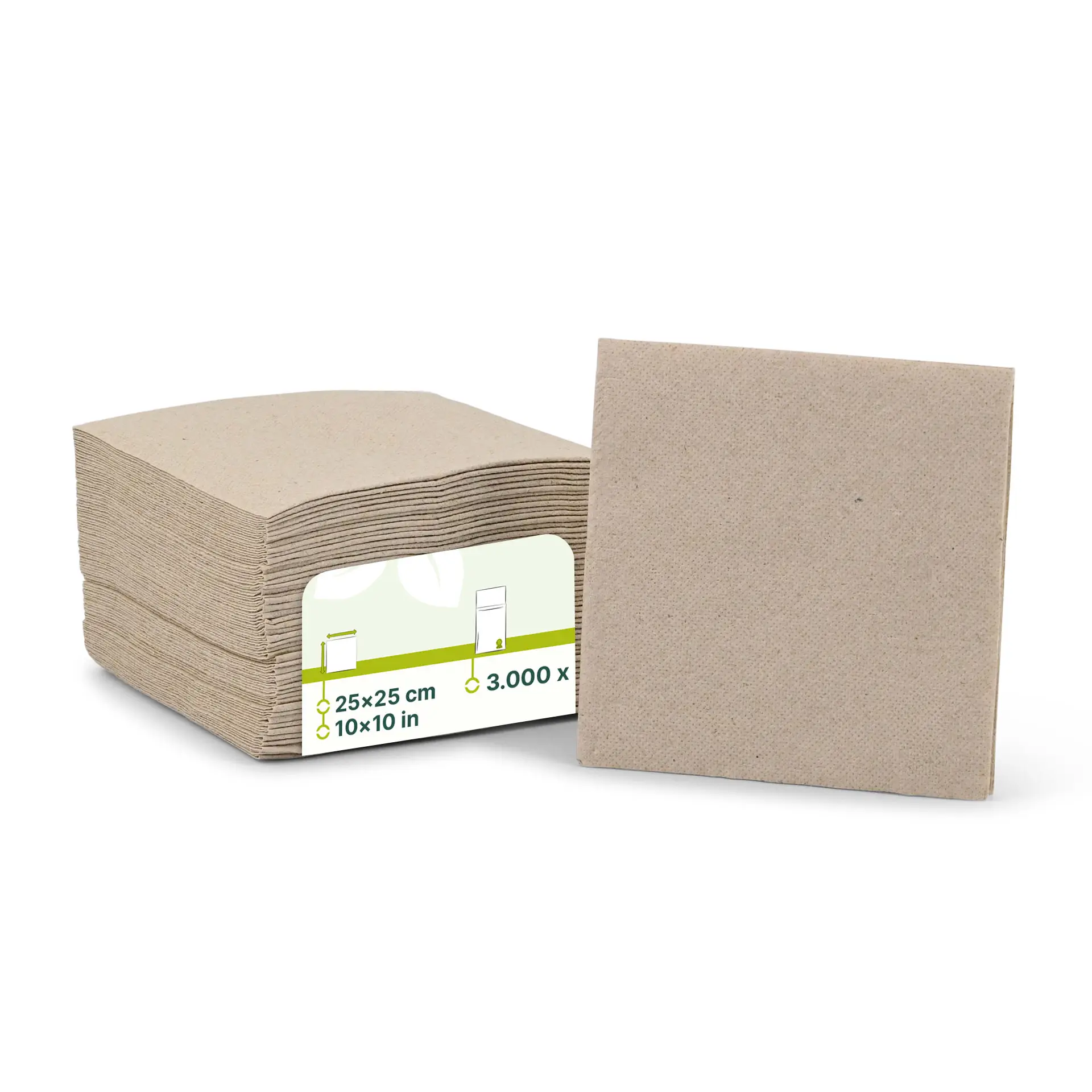Stapeltje ongebleekte, 2-laags gerecycled papieren servetten, 25 x 25 cm, met een rechtopstaande servet.
