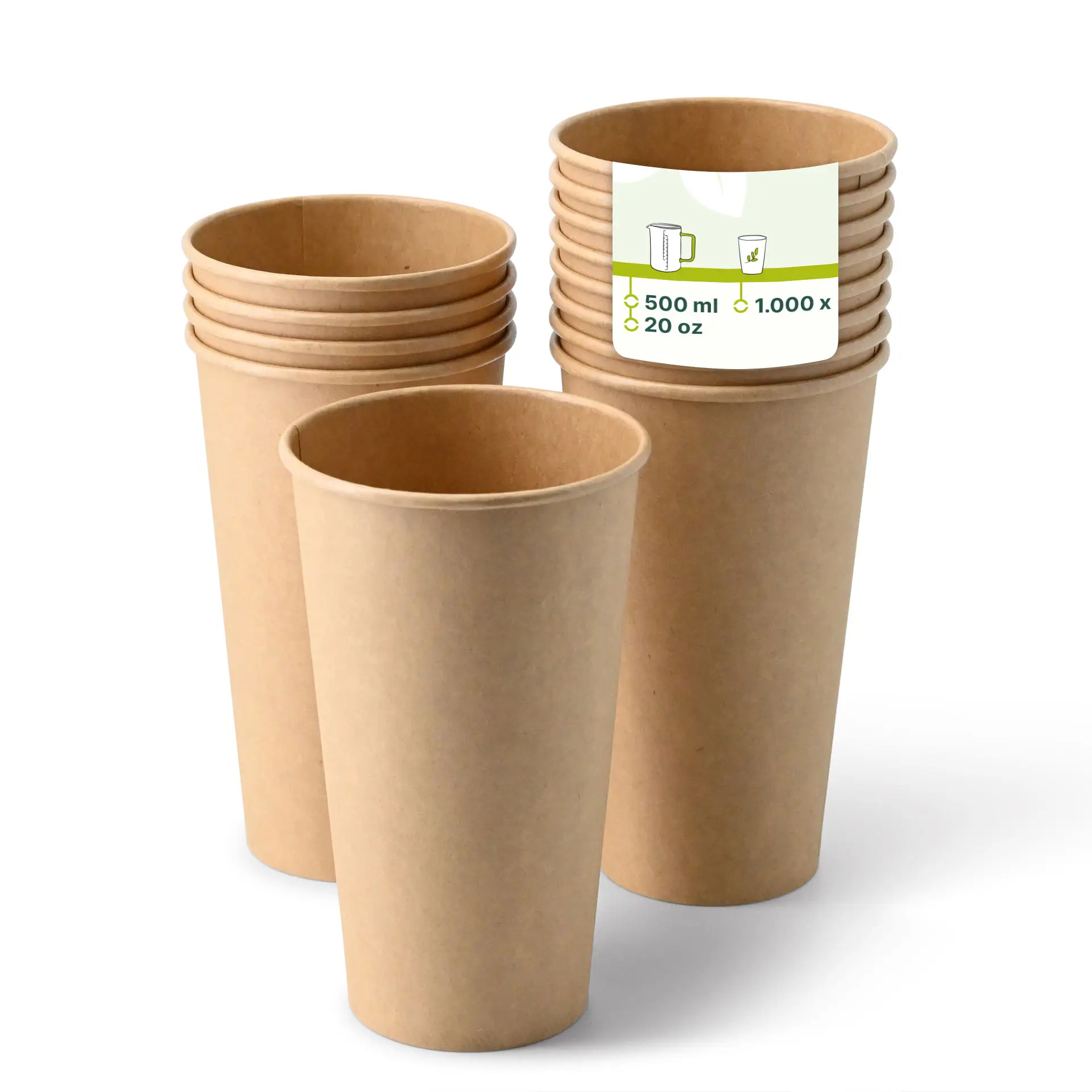 Een bruine papieren beker (20 oz) met een PE-coating op de voorgrond; meerdere vergelijkbare bekers met verminderde helderheid erachter.
