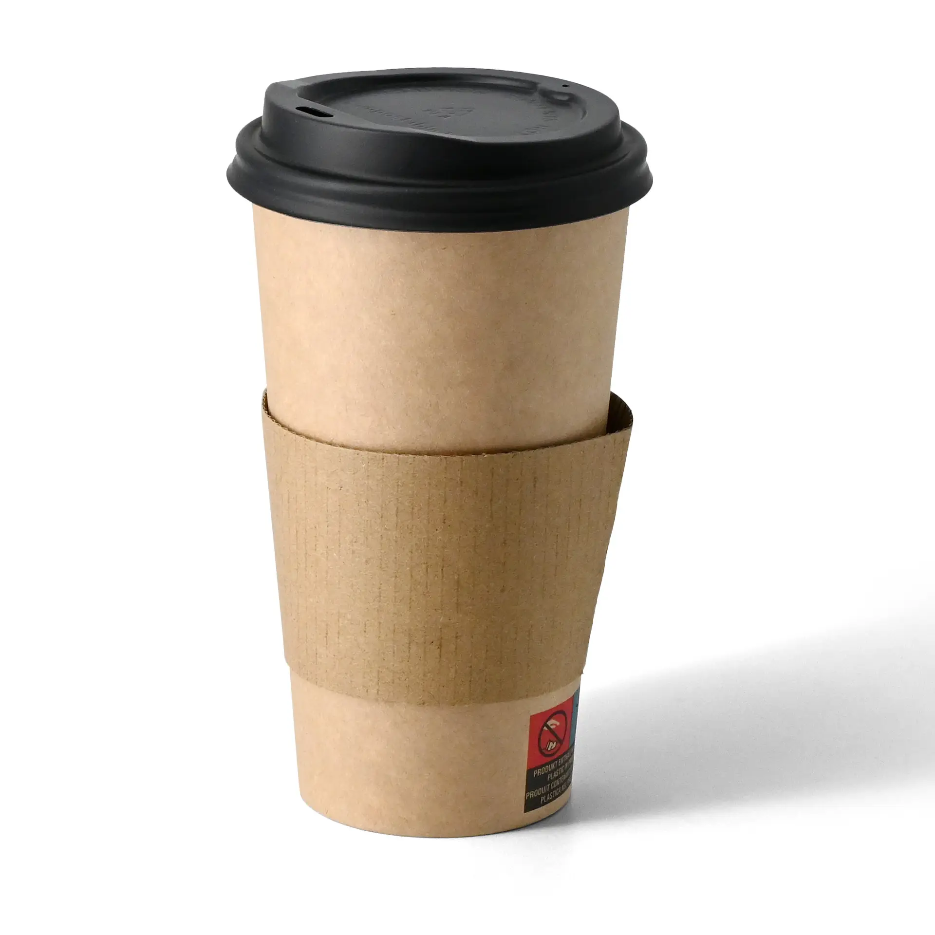 Bruin single-wall papieren bekertje met PLA-coating, geschikt voor warme en koude dranken, met kartonnen sleeve.