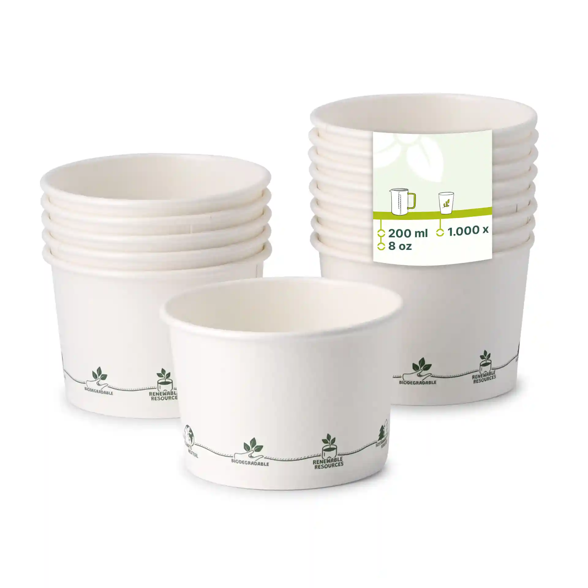 Stapeltje van acht 8 oz kartonnen soepbekers met bedrukte ontwerpen, met één beker vooraan en een label met iconen.